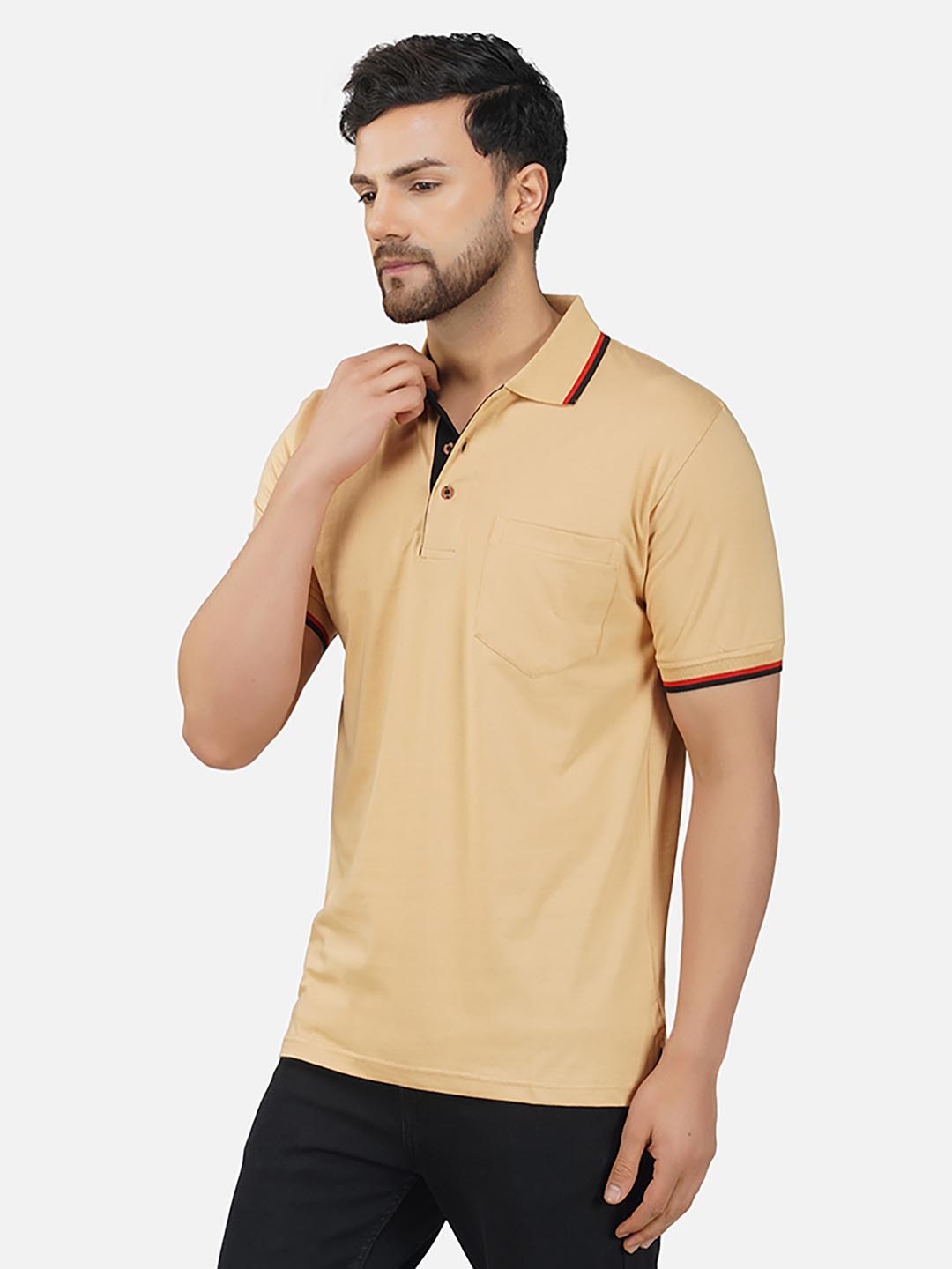 

ALARM Men Solid Polo Collar Cotton T-shirt, Beige