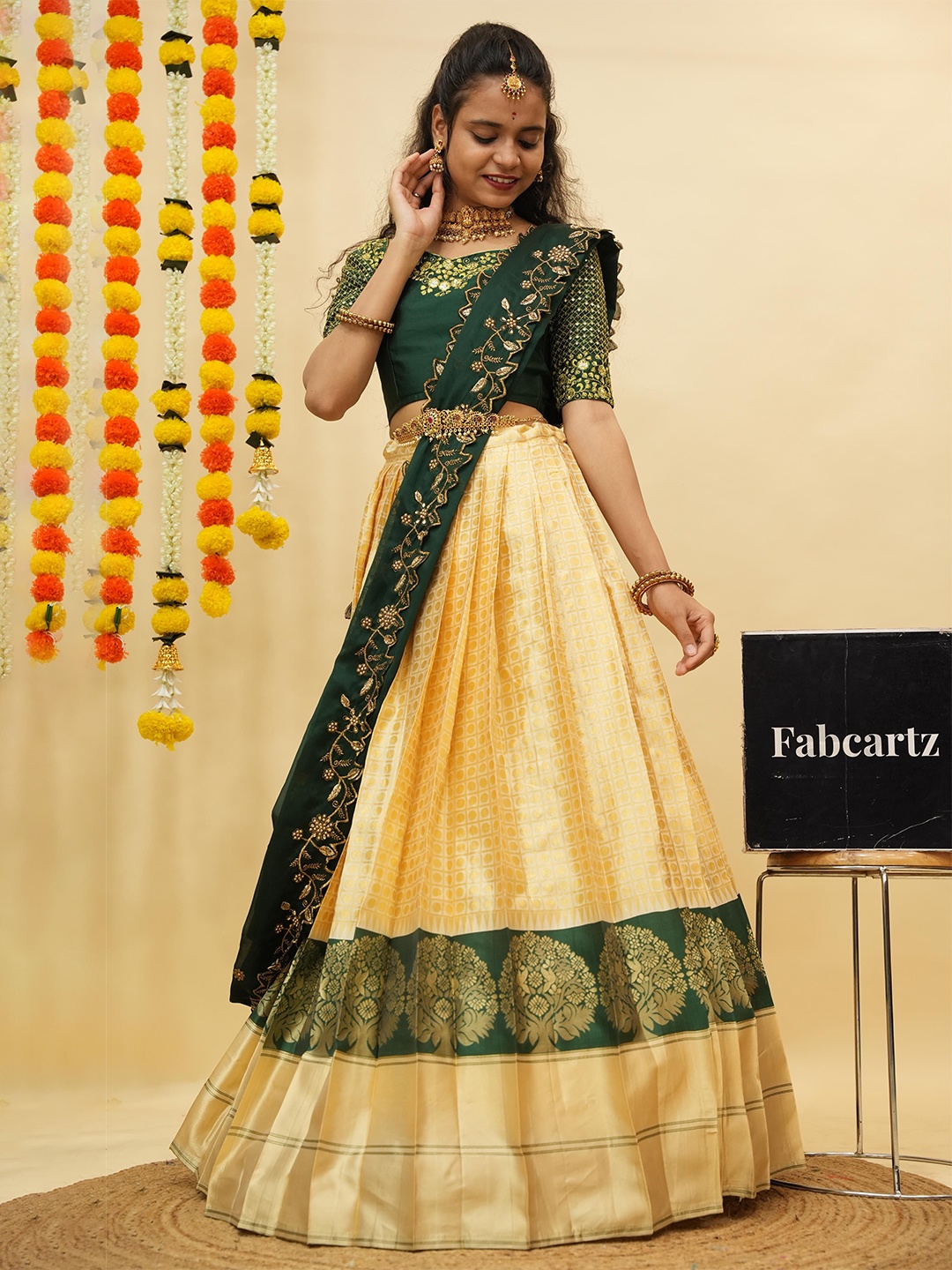 

Fabcartz Embroidered Semi-Stitched Lehenga & Unstitched Blouse with Dupatta, Green