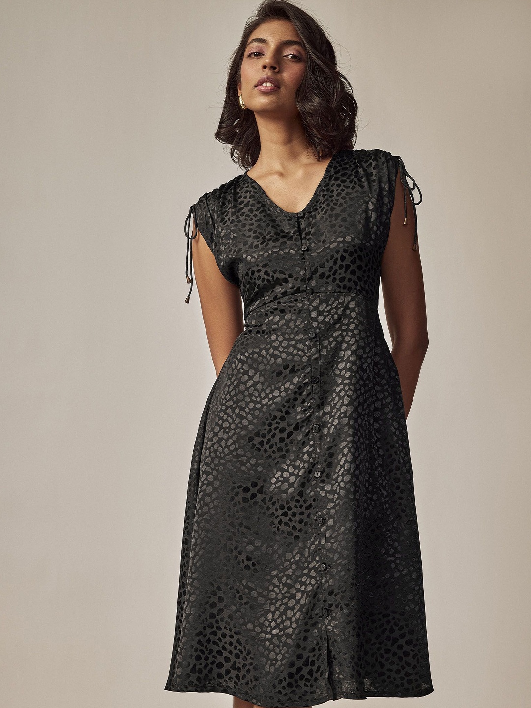 

The Label Life Women Black Leopard Print Gathered A-Line Dress