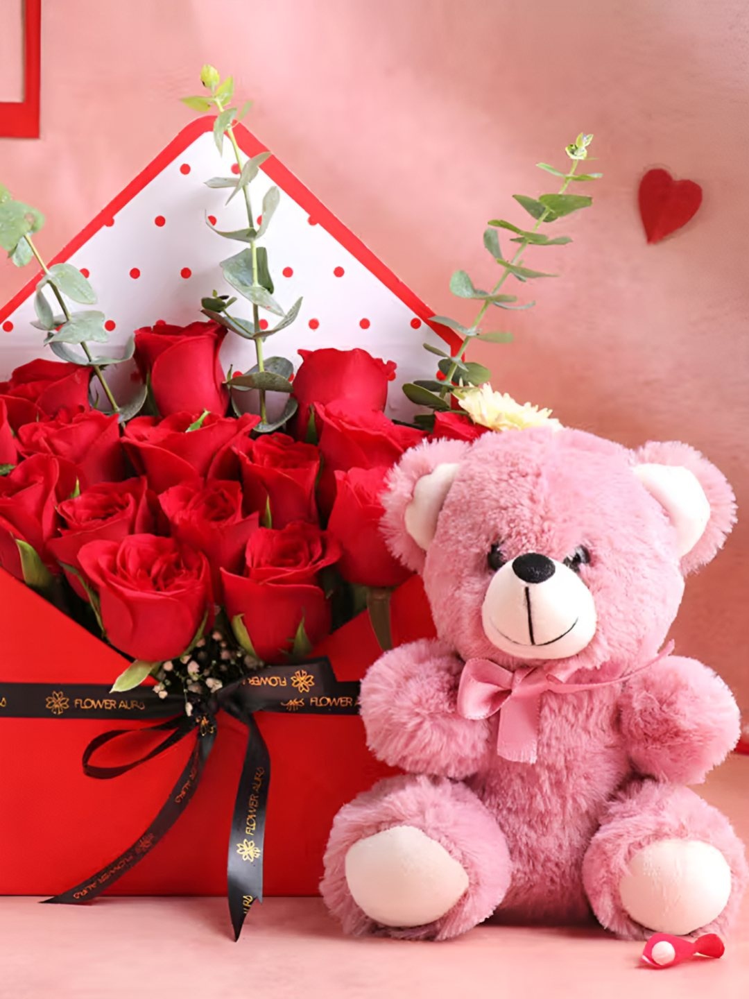 

Floweraura Red 15 Pieces Roses Fresh Flowers Bouquet With Cute Teddy