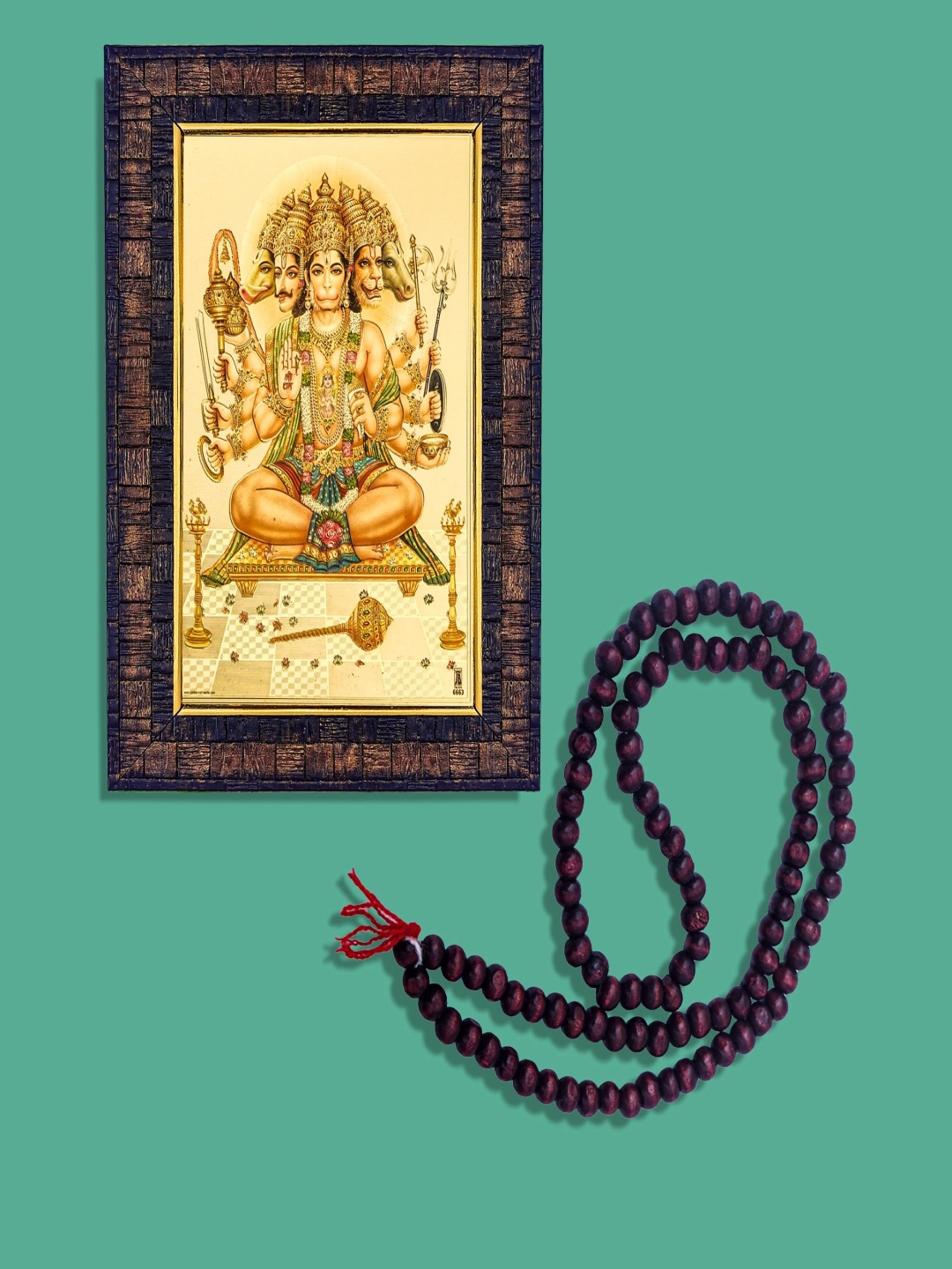 

Hawai Yellow Panchmukhi Hanuman Bajrang Bali With 108 Beads Mala Wooden Photo Frame