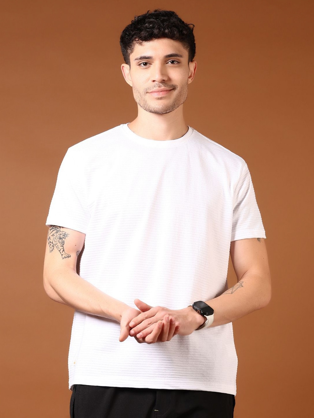 

V-Mart Men Self Design Round Neck Cotton T-shirt, White