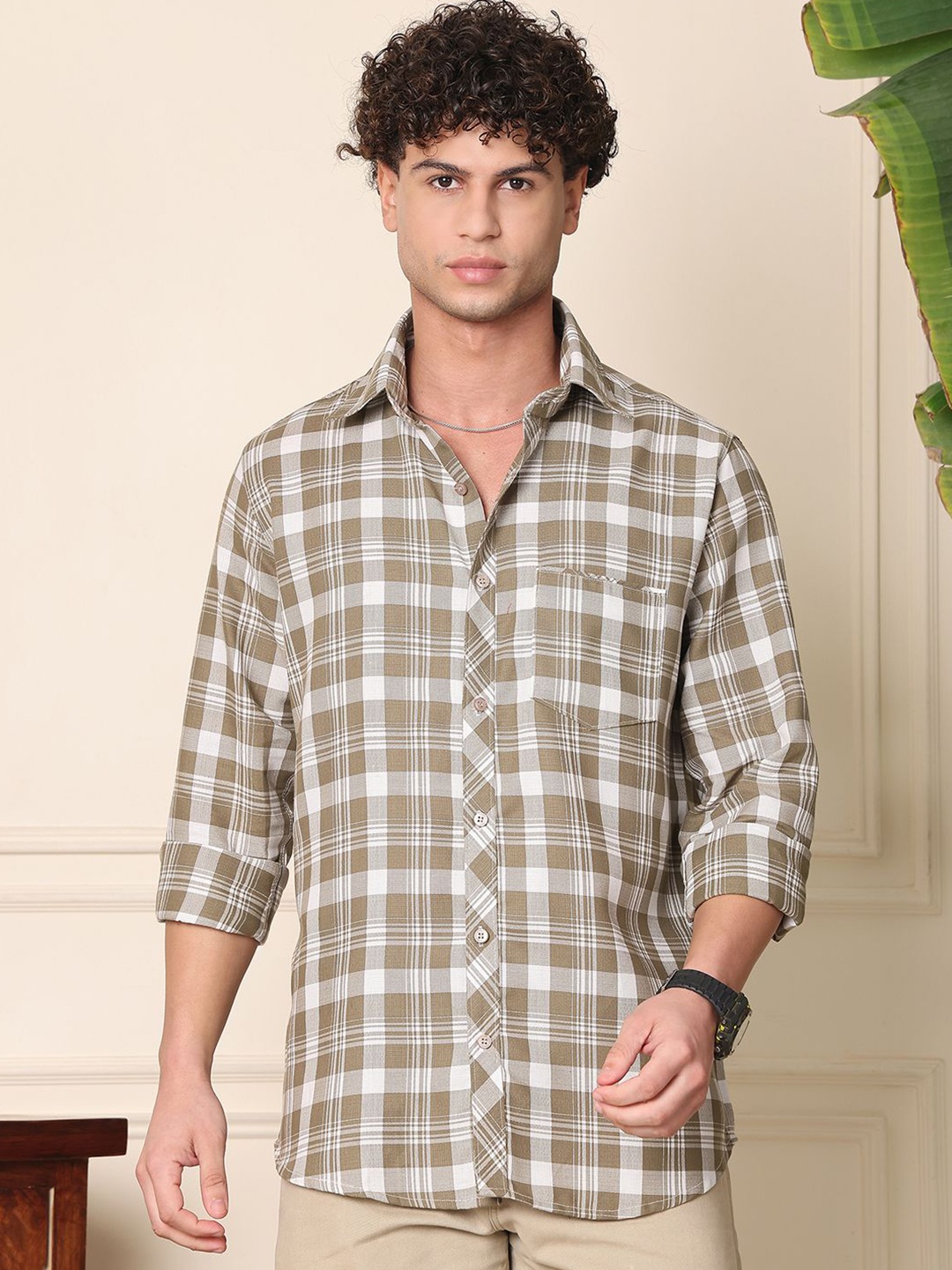 

Tanip Men Spread Collar Tartan Checked Cotton Casual Shirt, White