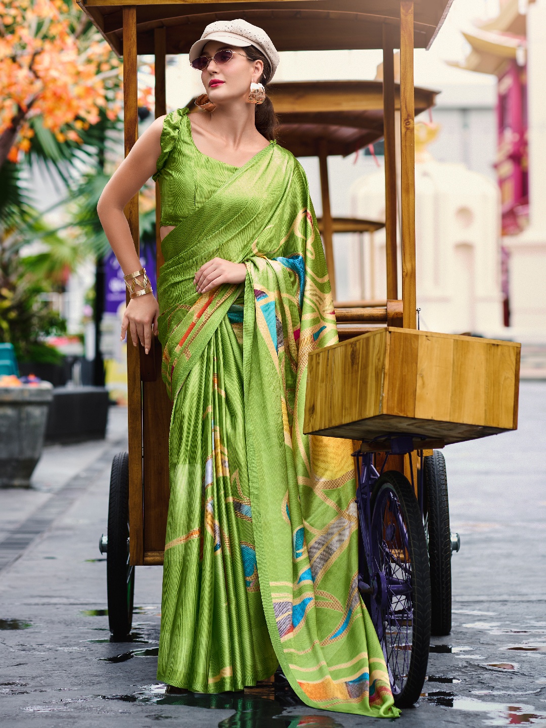 

Panzora Ethnic Motifs Satin Saree, Green