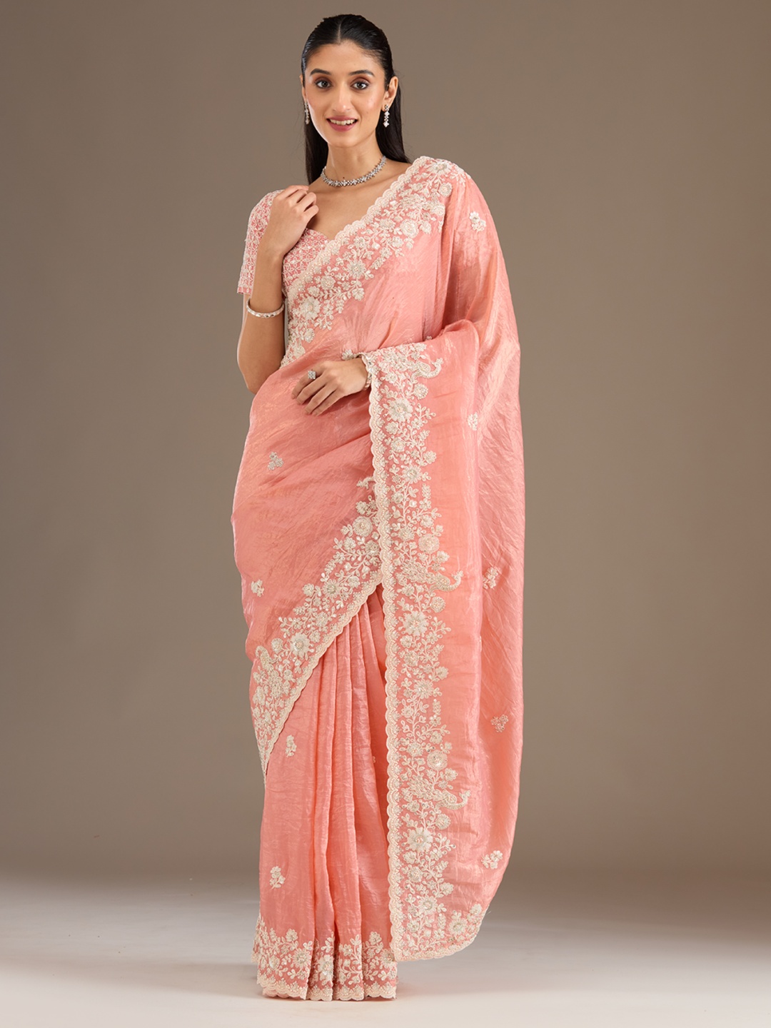 

Koskii Floral Sequinned Embellished Tissue Saree, Peach