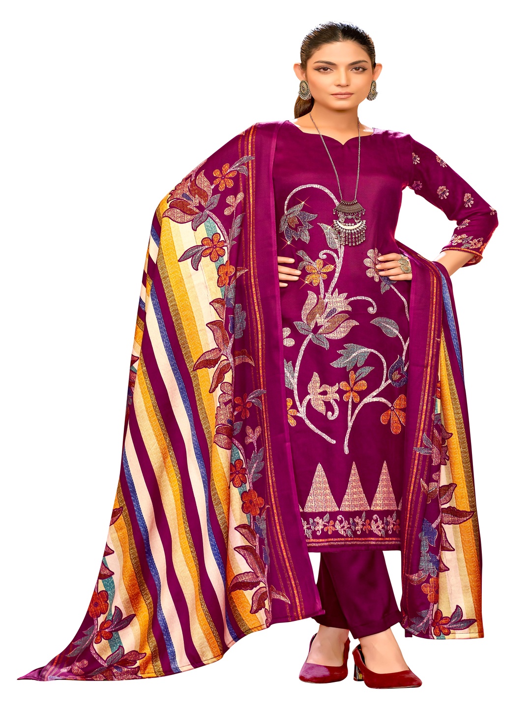

DRAVINAM Trends Floral Printed Pashmina Unstitched Dress Material, Maroon