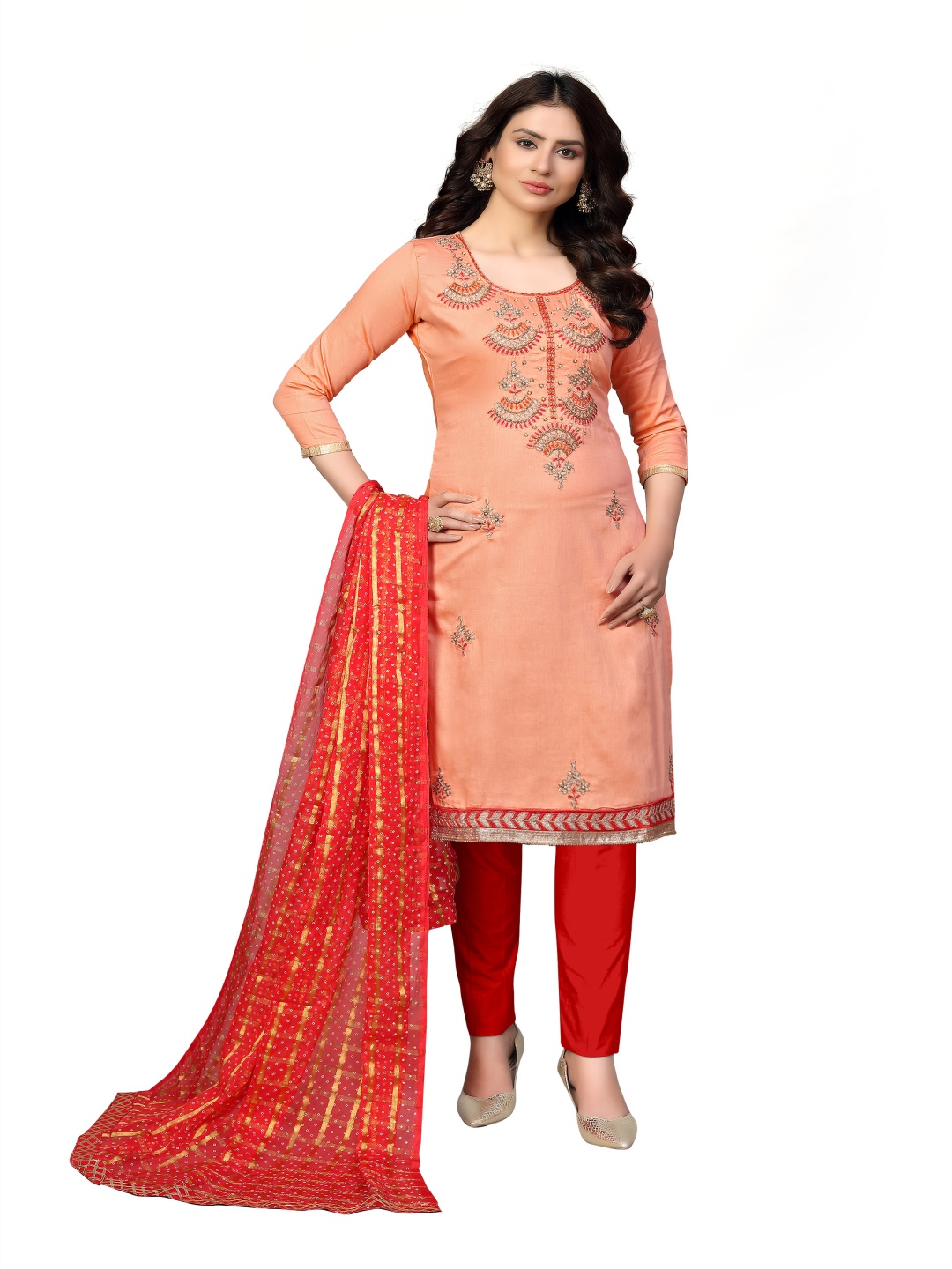 

HERE&NOW Embellished Unstitched Dress Material, Peach