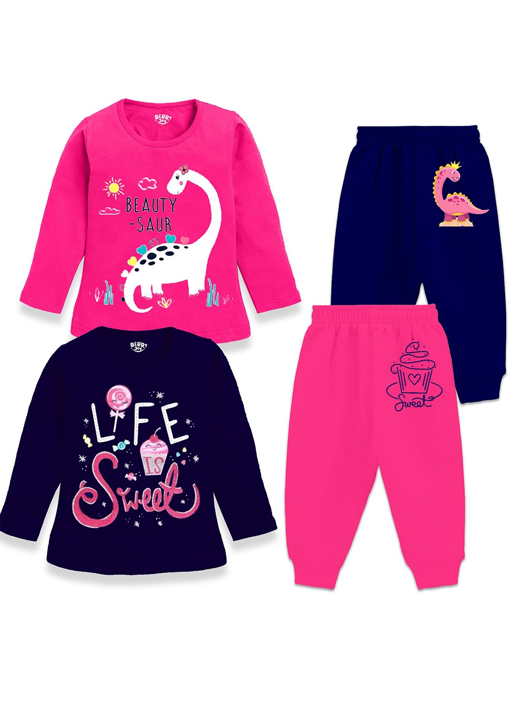 

BERRYJOY Girls Pack Of 2 Printed Round Neck T-Shirts With Joggers, Pink