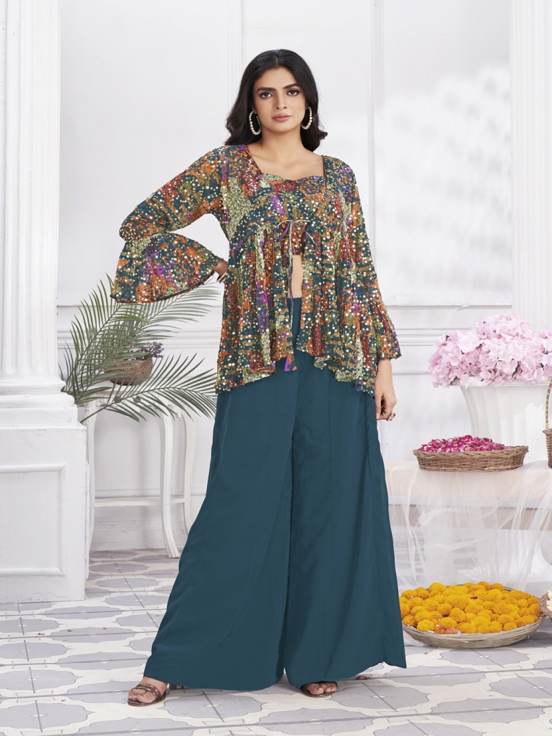 

Krimmple Floral Printed Shoulder Straps Top With Palazzos & Shrug, Blue