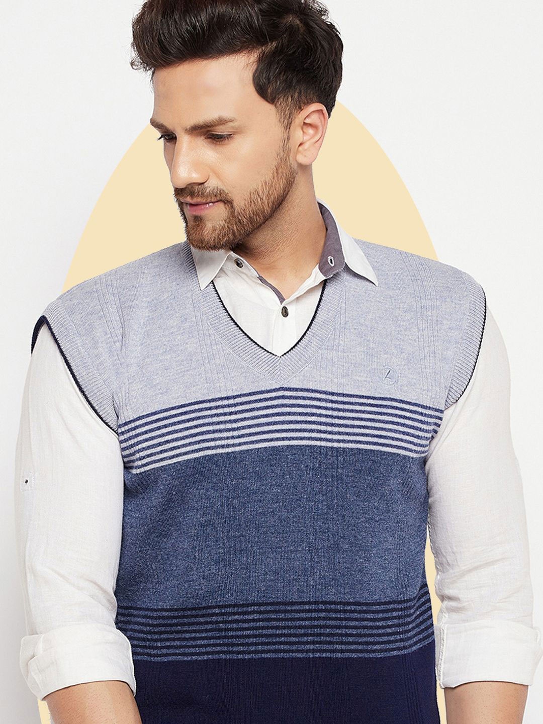 

LYCOS Men Striped Woollen Sweater Vest with Applique Detail, Navy blue