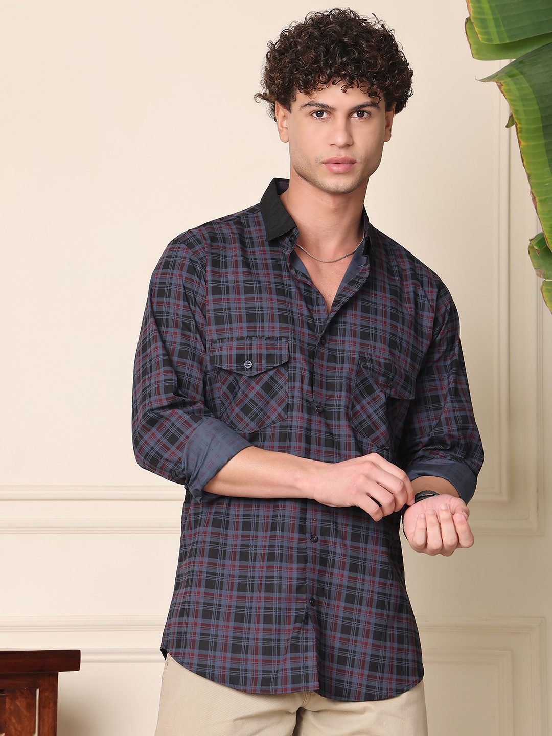 

Tanip Men Spread Collar Tartan Checked Cotton Casual Shirt, Navy blue