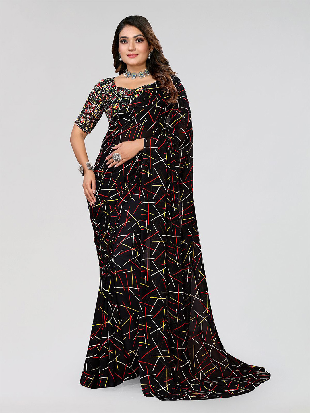 

Moda Rapido Women Geometric Printed Saree, Black