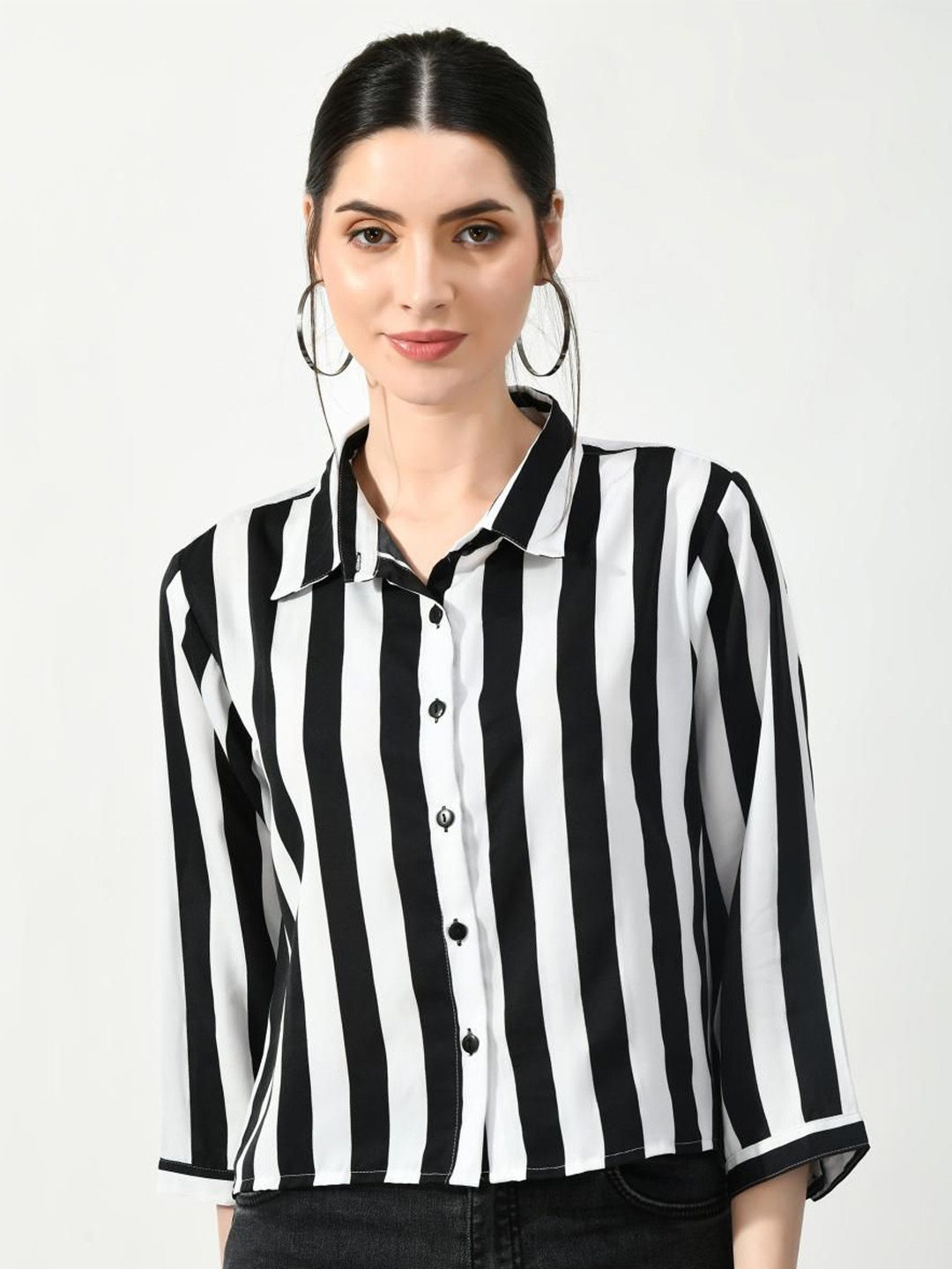 

VAAMII Women Striped Shirt Style Top, Black