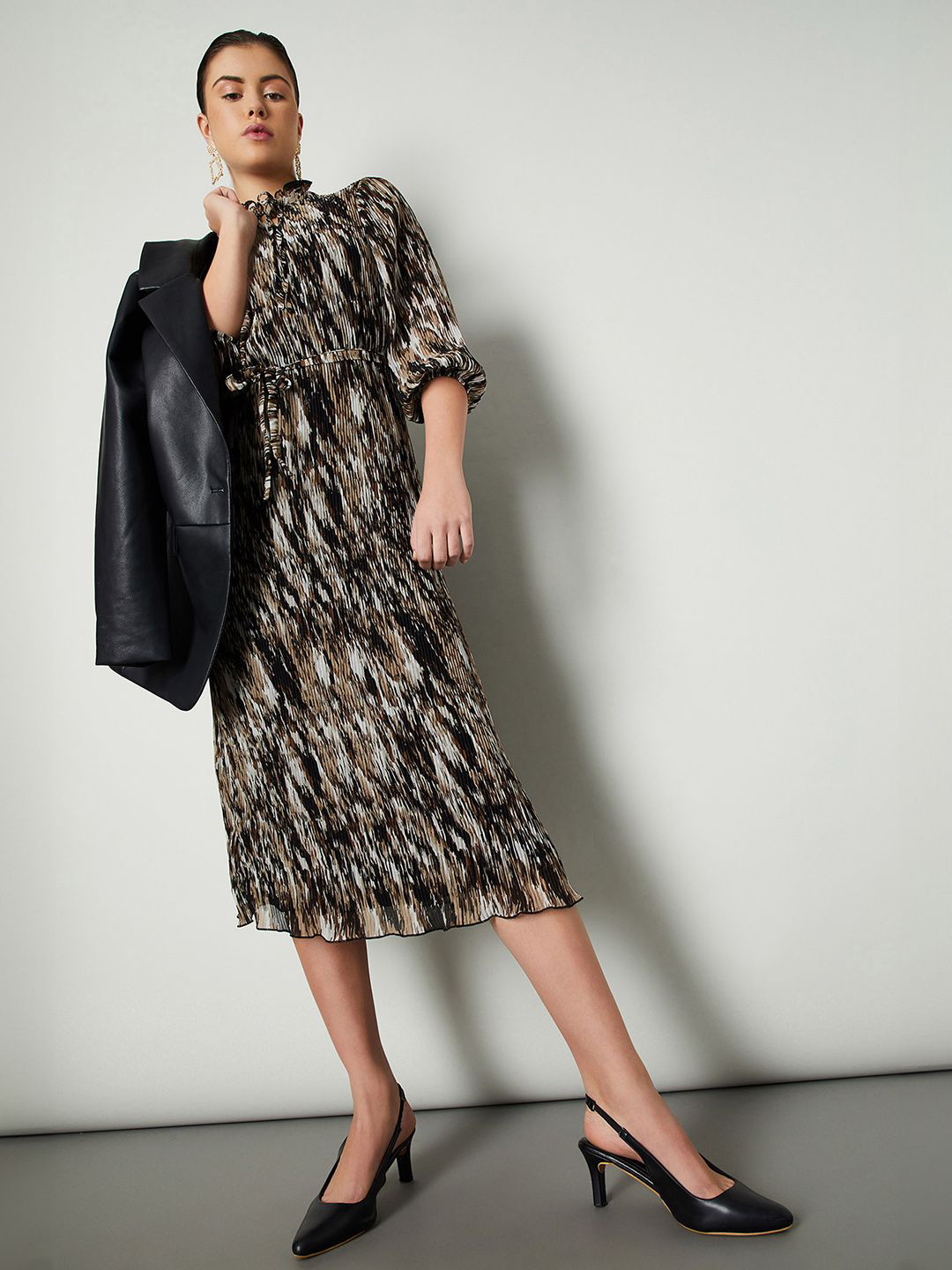 

max Women Flared Sleeve A-Line Midi Dress, Brown