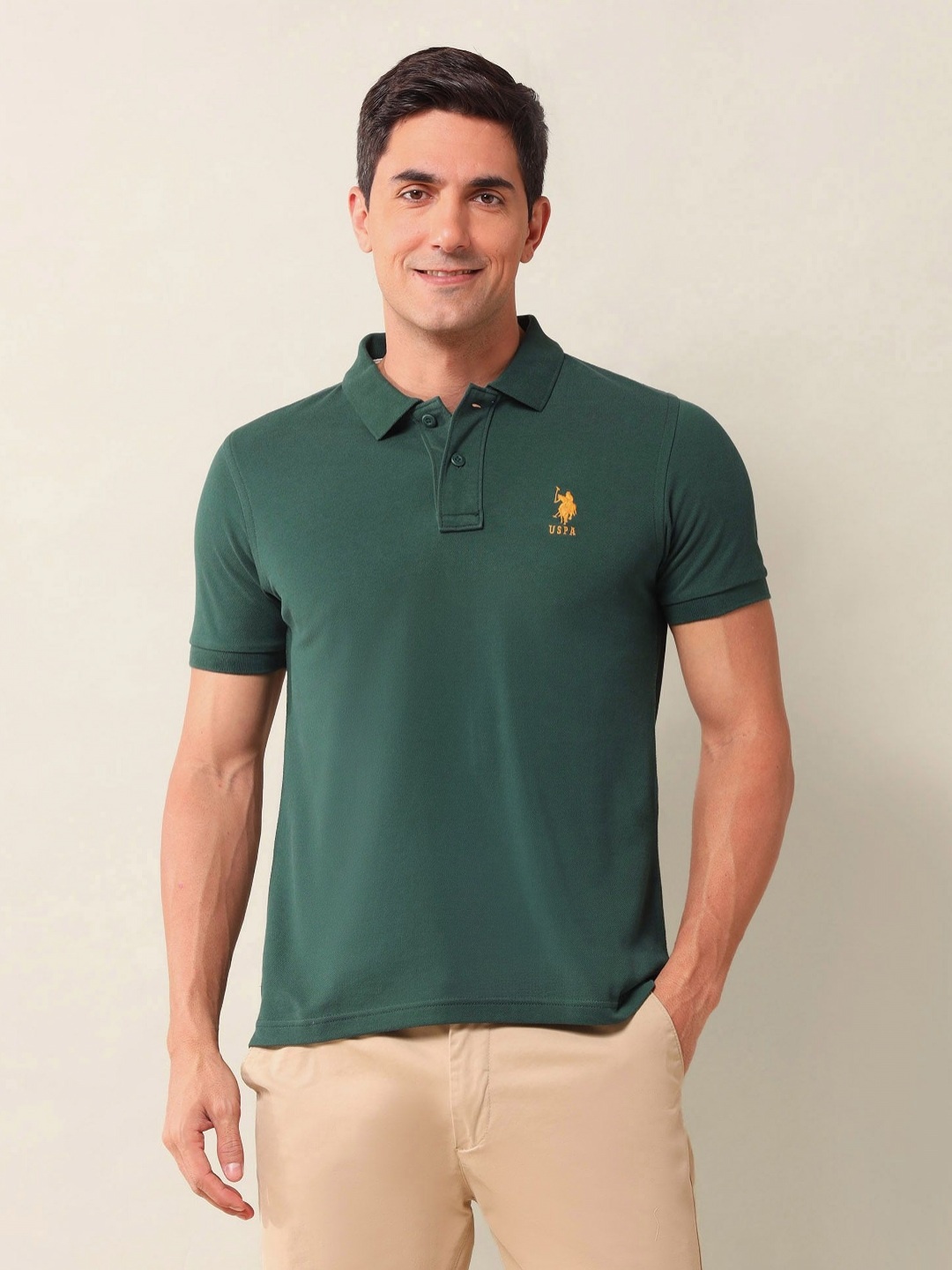 

U.S. Polo Assn. Men Solid Polo Collar Cotton Slim Fit T-shirt, Green