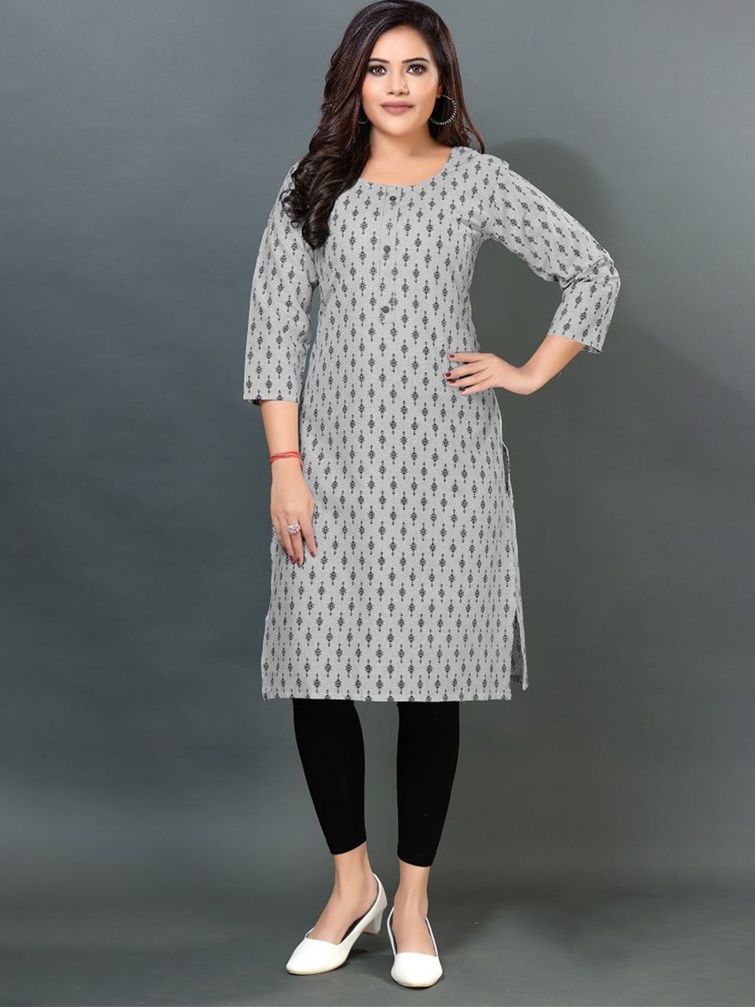 

DREAM & DZIRE Ethnic Motifs Printed Round Neck Pure Cotton Straight Kurta, Grey