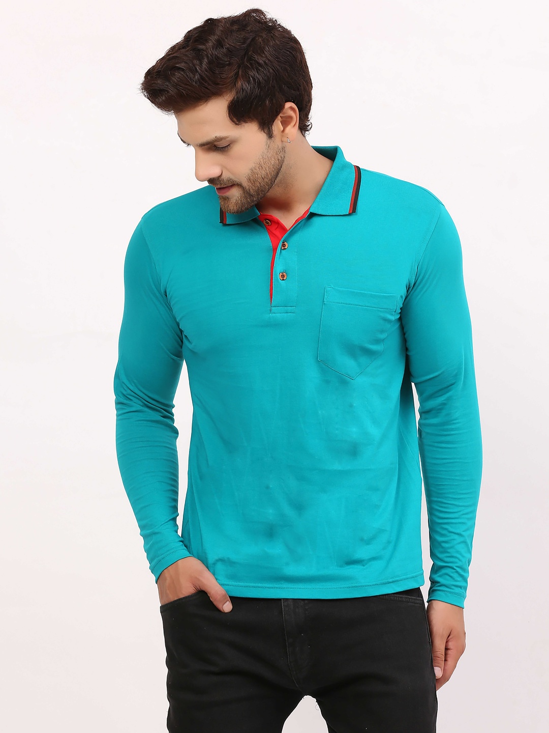 

ALARM Men Solid Polo Collar Cotton Slim Fit T-shirt, Teal