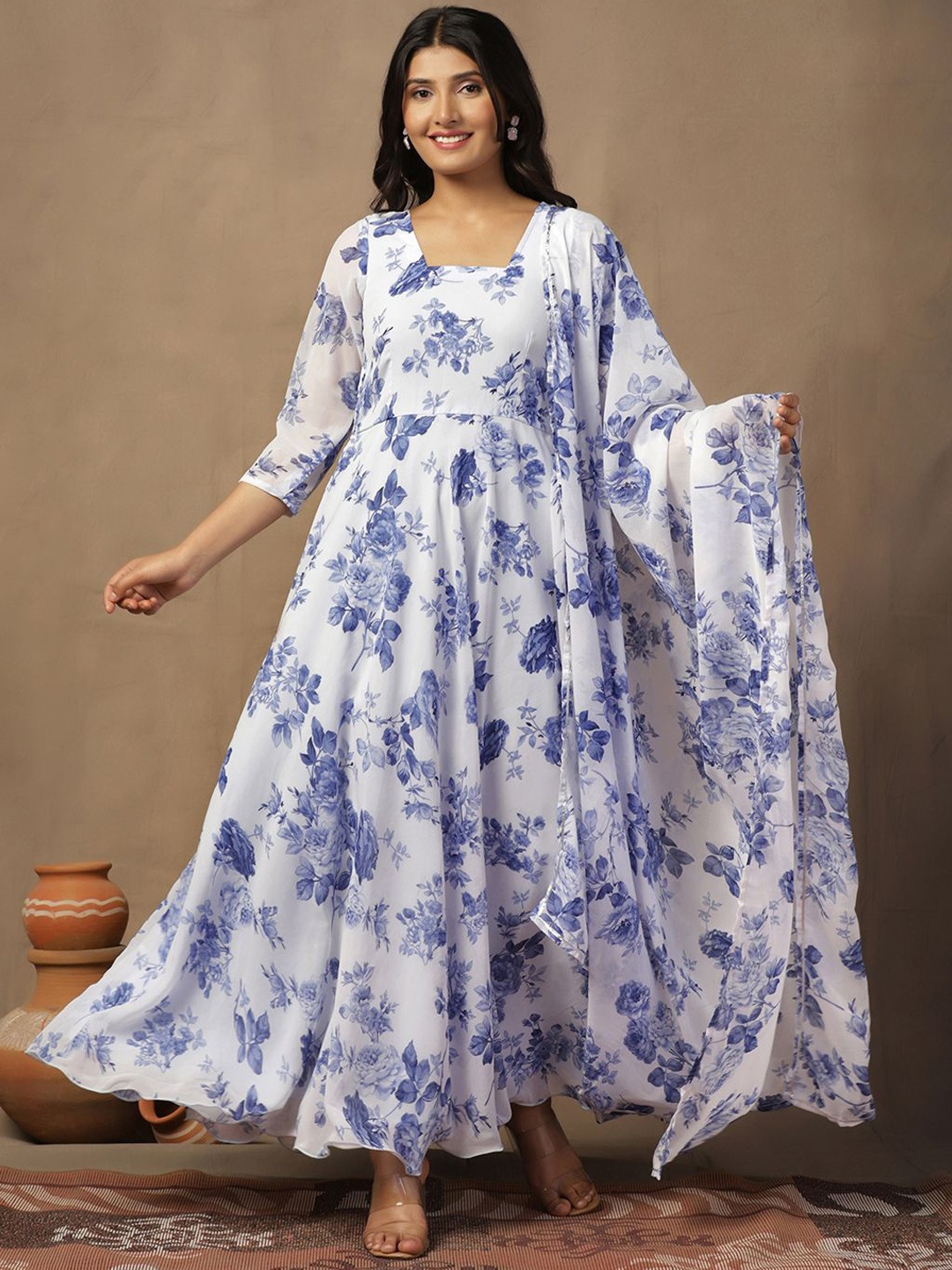

Moda Rapido Floral Printed Georgette Maxi Dress With Dupatta, White