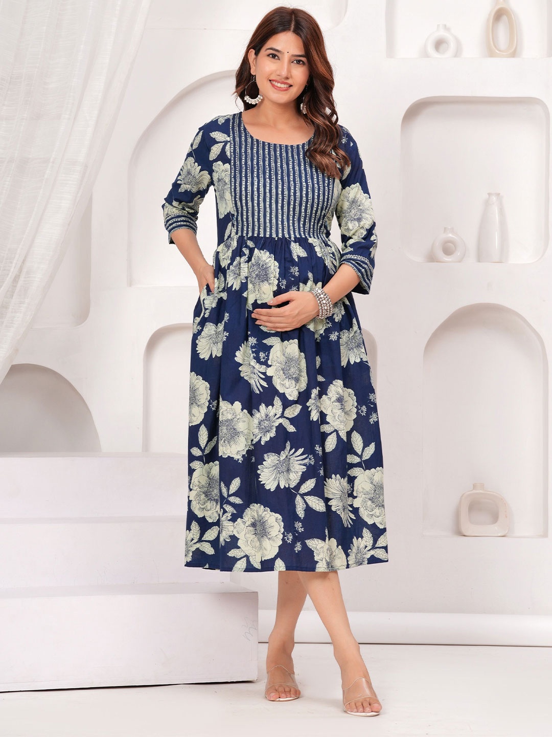 

SHOPAXIS Floral Print Maternity A-Line Midi Dress, Blue