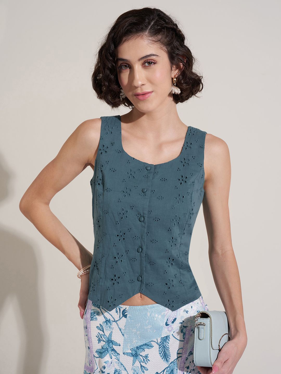 

Honey by Pantaloons Women Cotton Schiffli Sleeveless Top, Teal