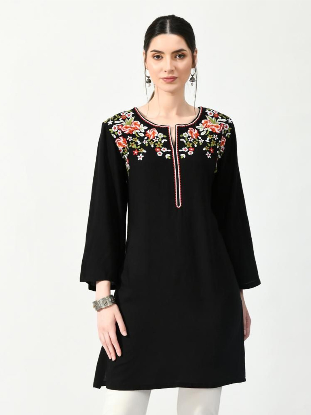 

VAAMII Women Floral Embroidered A-Line Top, Black
