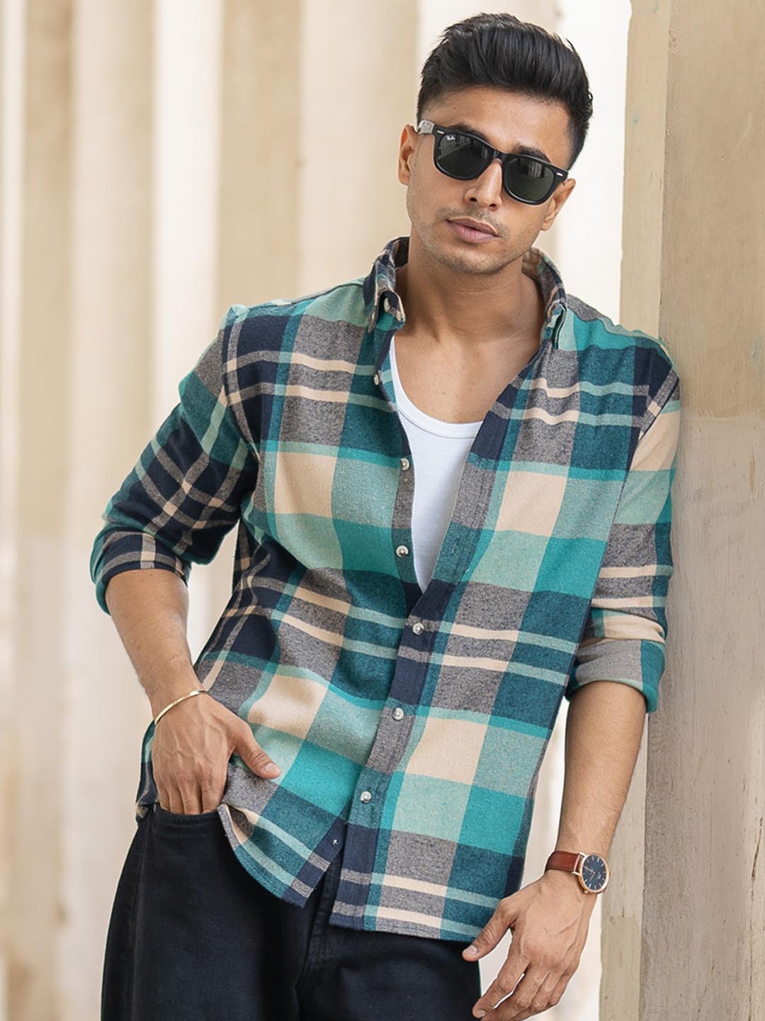 

Powerlook Men Button-Down Collar Tartan Checked Cotton Casual Shirt, Navy blue