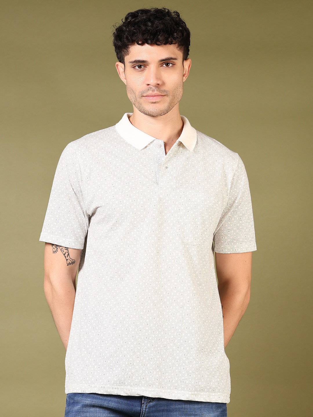 

V-Mart Men Geometric Printed Polo Collar Cotton T-shirt, Off white