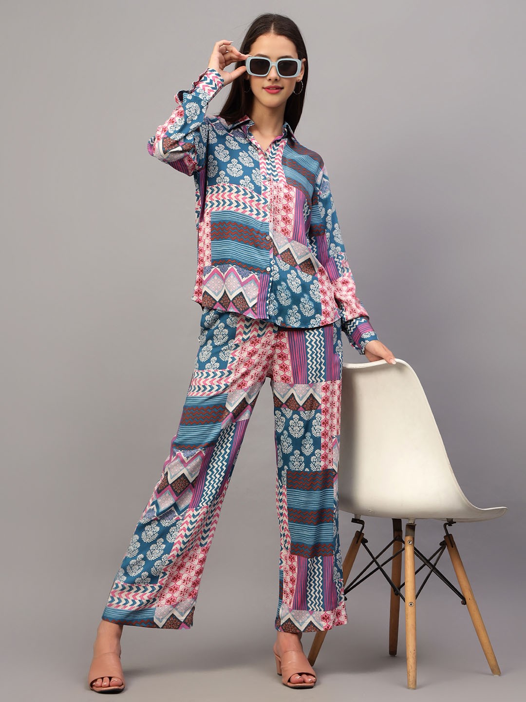 

StyleCast Printed Shirt Collar Neck Shirt With Trousers Co-Ords, Blue