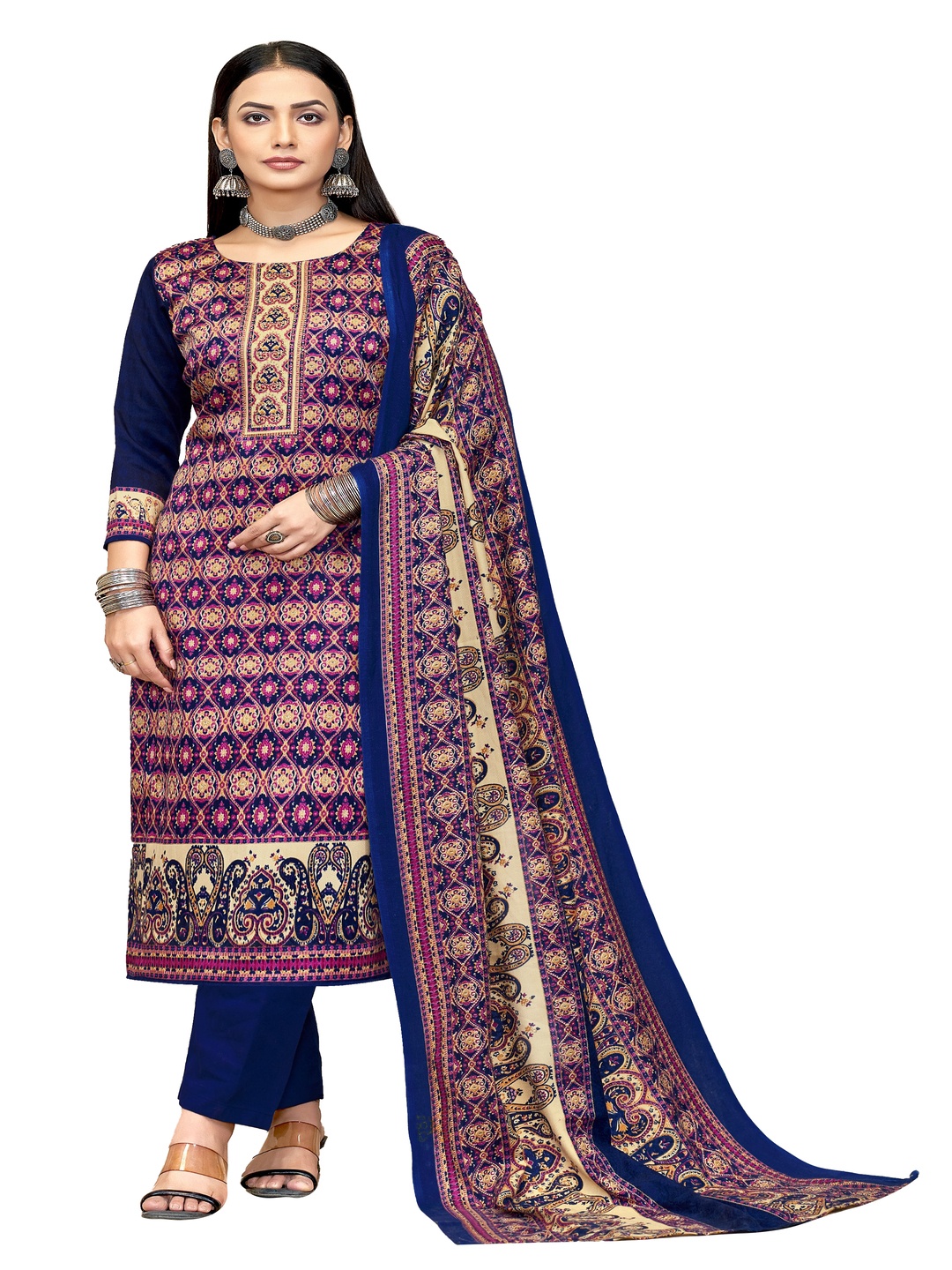 

DRAVINAM Trends Ethnic Motifs Printed Pashmina Unstitched Dress Material, Blue