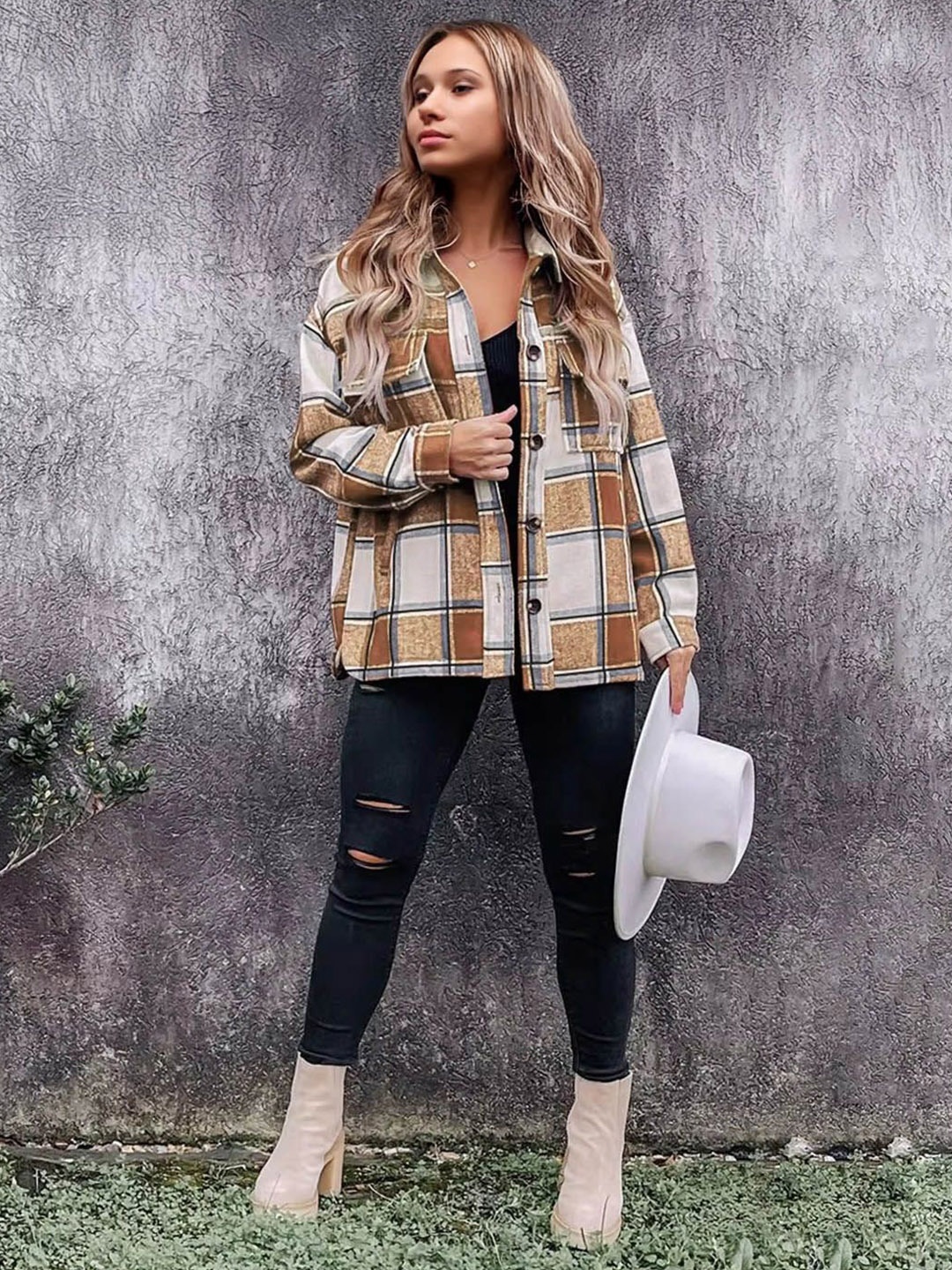 

StyleCast Women Relaxed Fit Spread Collar Checked Casual Shirt, Khaki