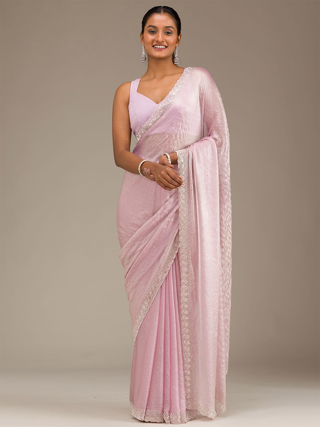 

Koskii Ethnic Motifs Beads and Stones Poly Chiffon Saree, Peach