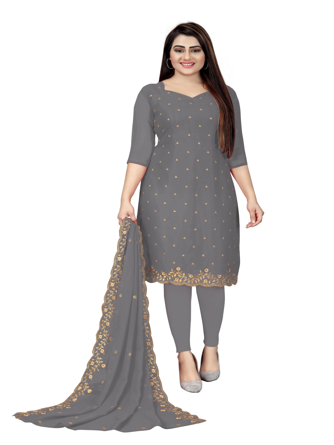 

HERE&NOW Embellished Silk Georgette Unstitched Dress Material, Grey