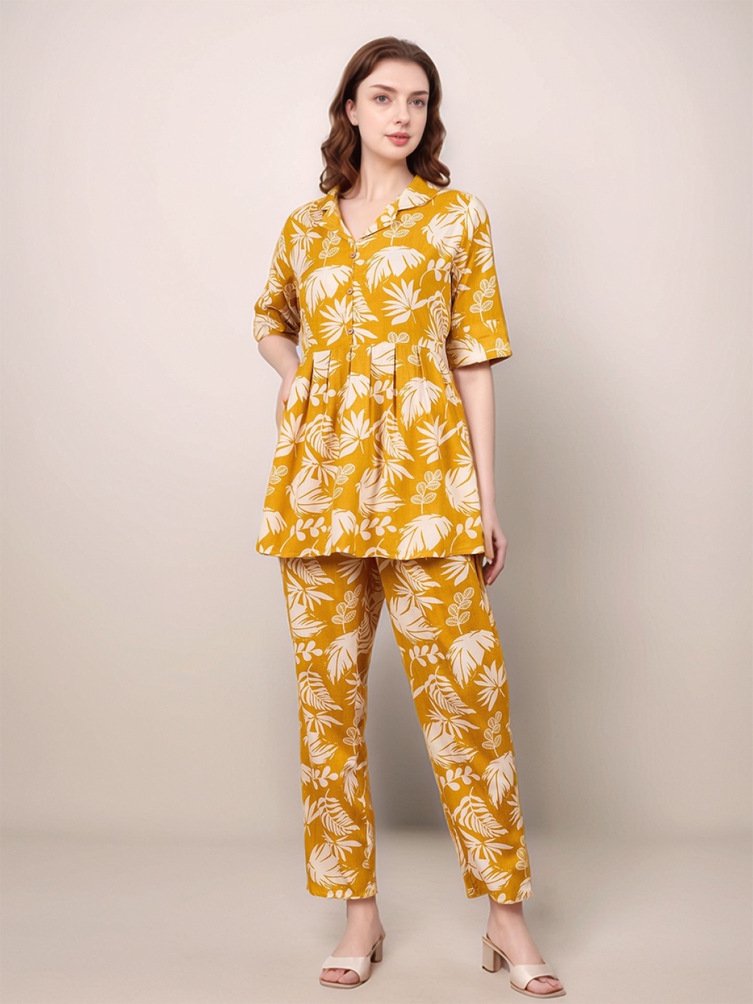 

BAESD Printed Shirt Collar Pure Cotton Tunic With Trousers, Mustard