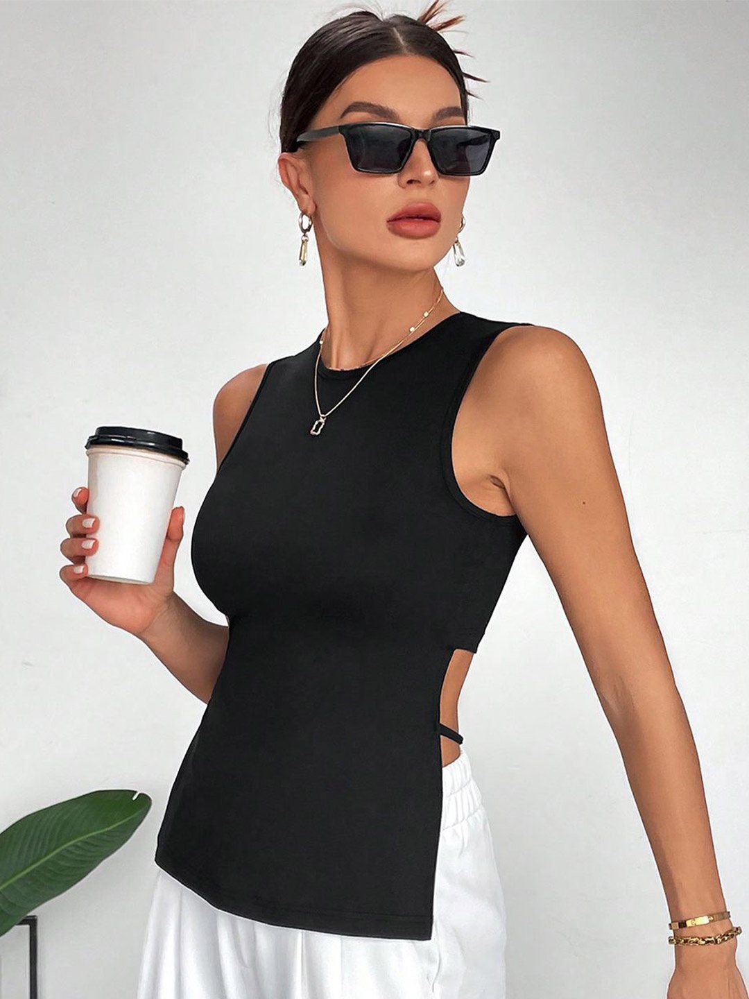 

StyleCast Women Round Neck Styled Back Top, Black