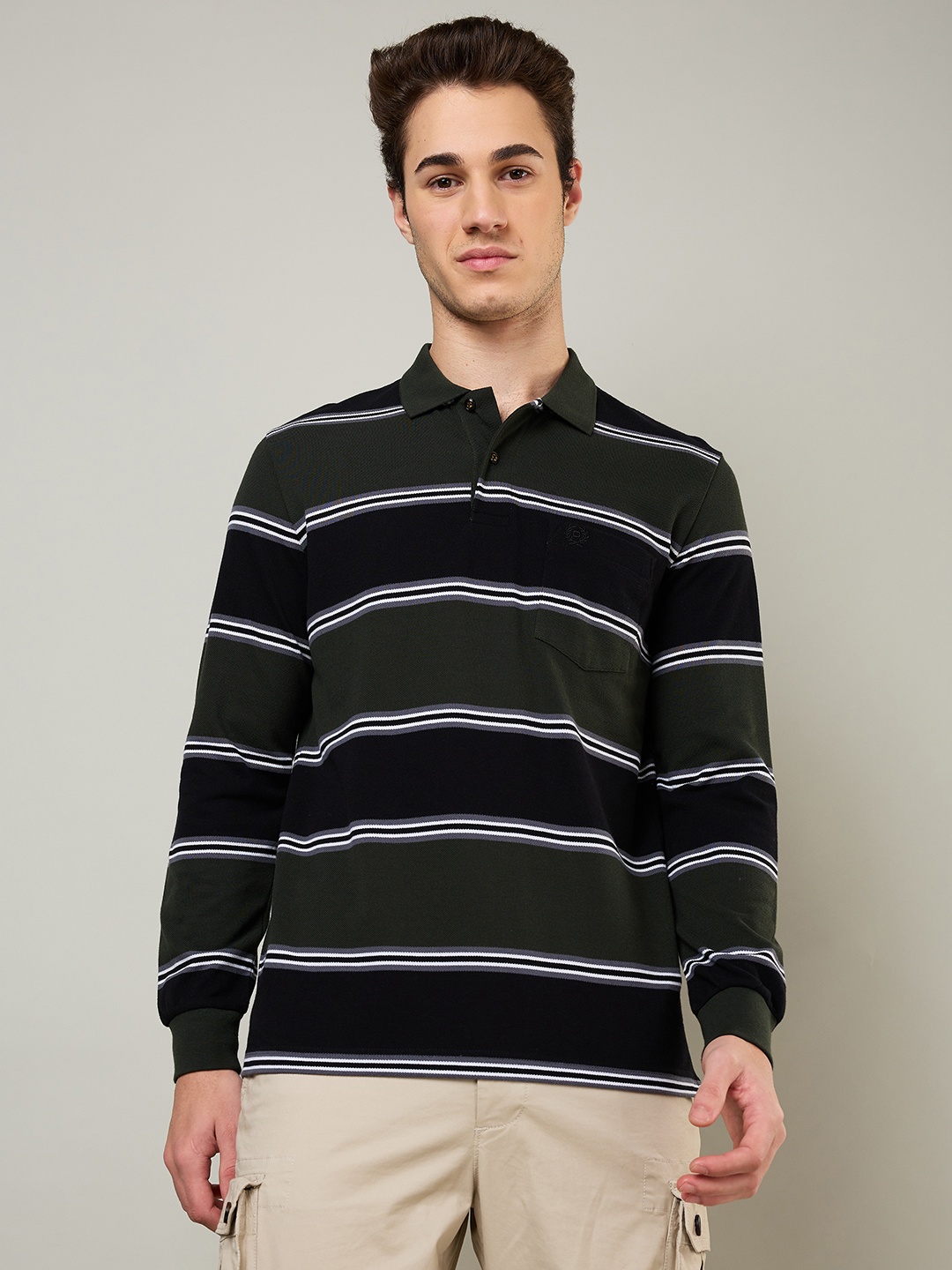 

CELSIUS Men Striped Polo Collar Cotton Oversized T-shirt, Olive