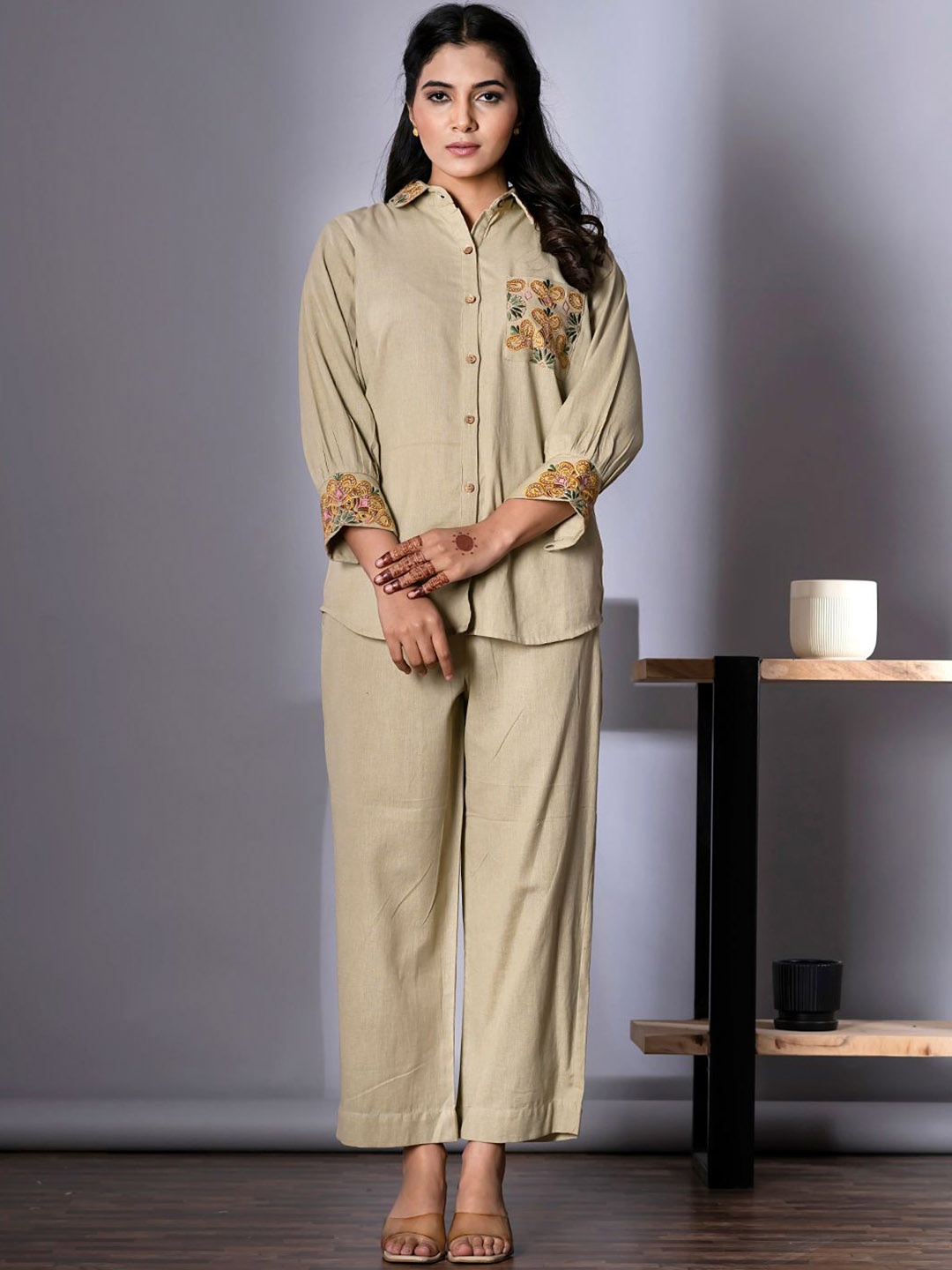 

Readiprint Fashions Embroidered Shirt With Trousers, Beige
