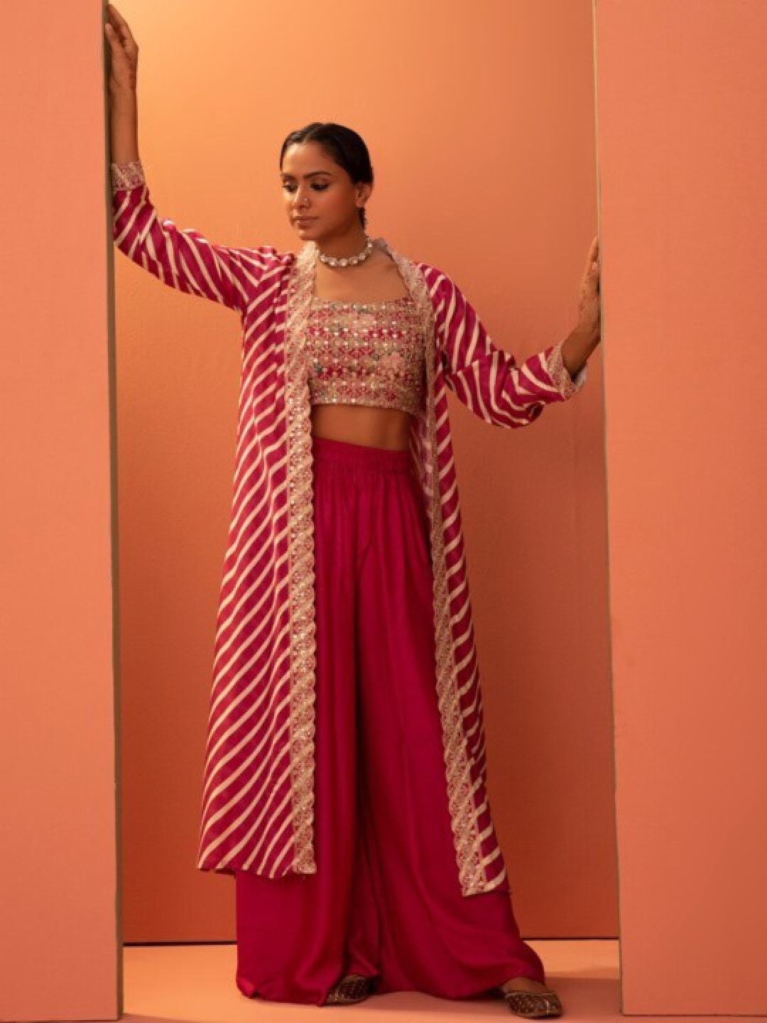 

Moda Rapido Mirror Work Embroidered Scoop Neck Crop Top With Palazzos & Shrug, Pink