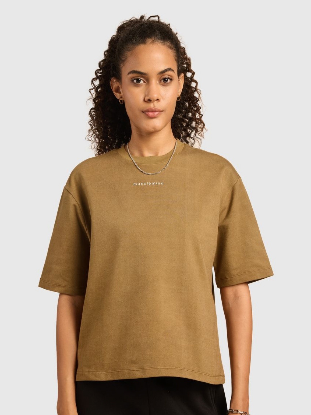 

Musclemind Women Solid Round Neck Cotton Oversized T-shirt, Khaki
