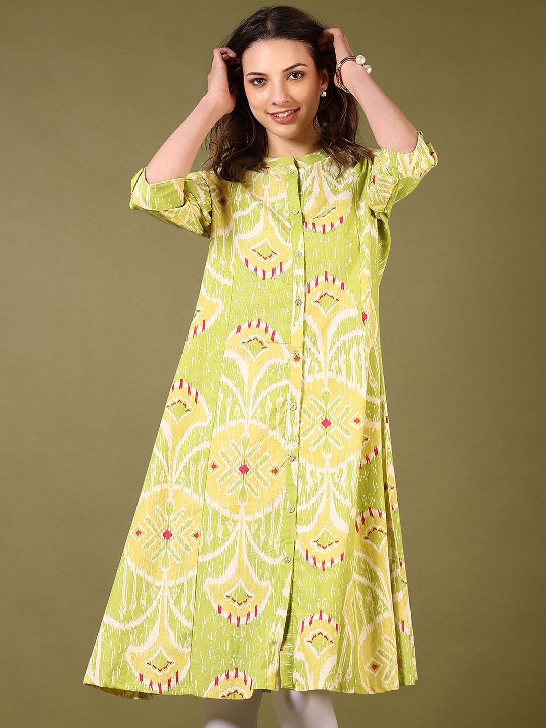 

V-Mart Floral Printed Mandarin Collar Roll-Up Sleeves Cotton A-Line Kurta, Green