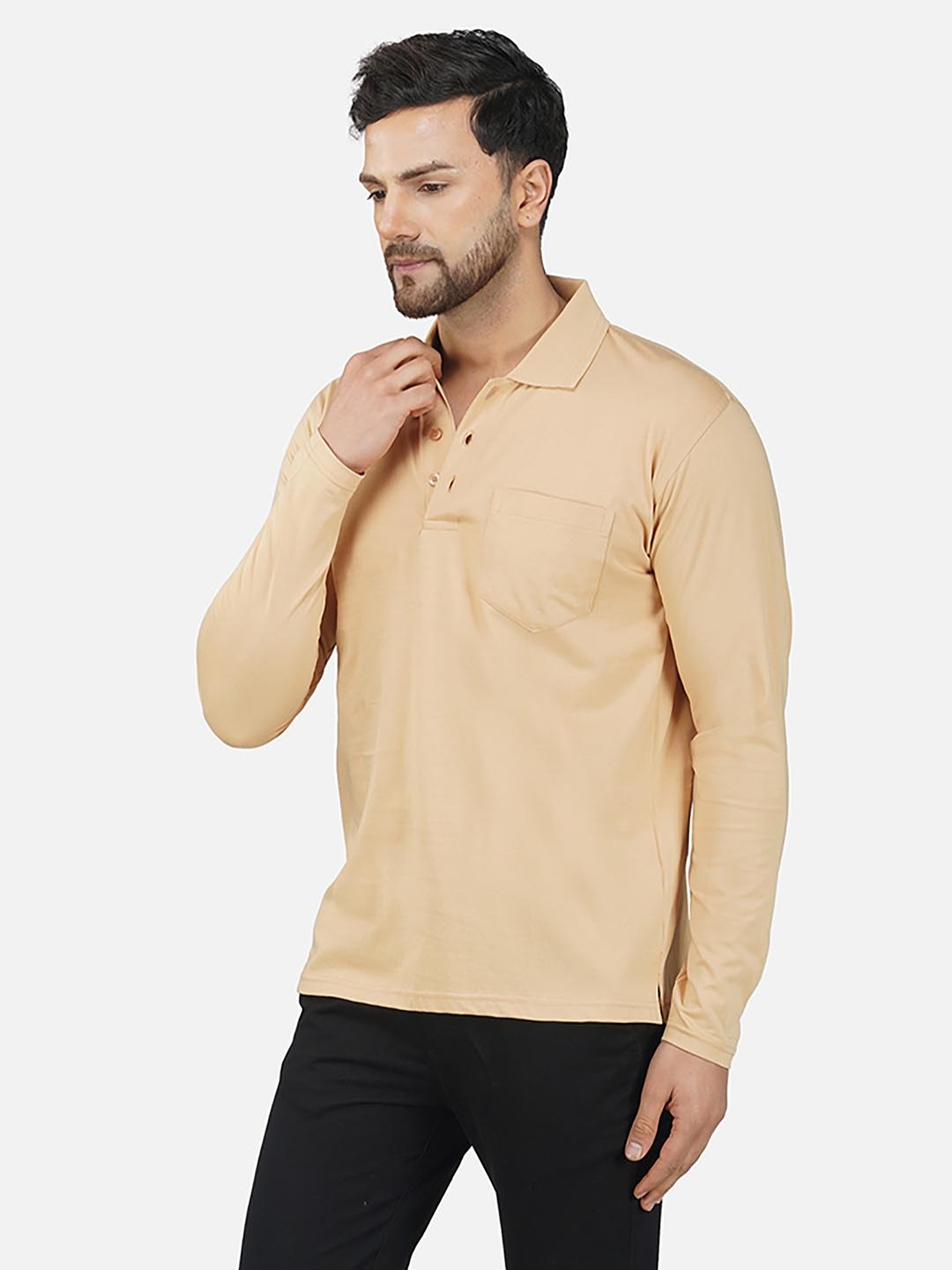 

ALARM Men Solid Polo Collar Cotton T-shirt, Beige
