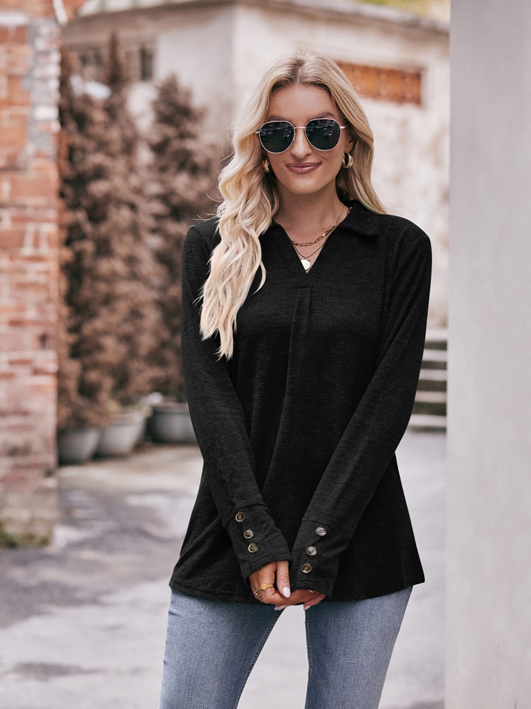 

StyleCast x Revolte Solid Shirt Collar Regular Longline Top, Black
