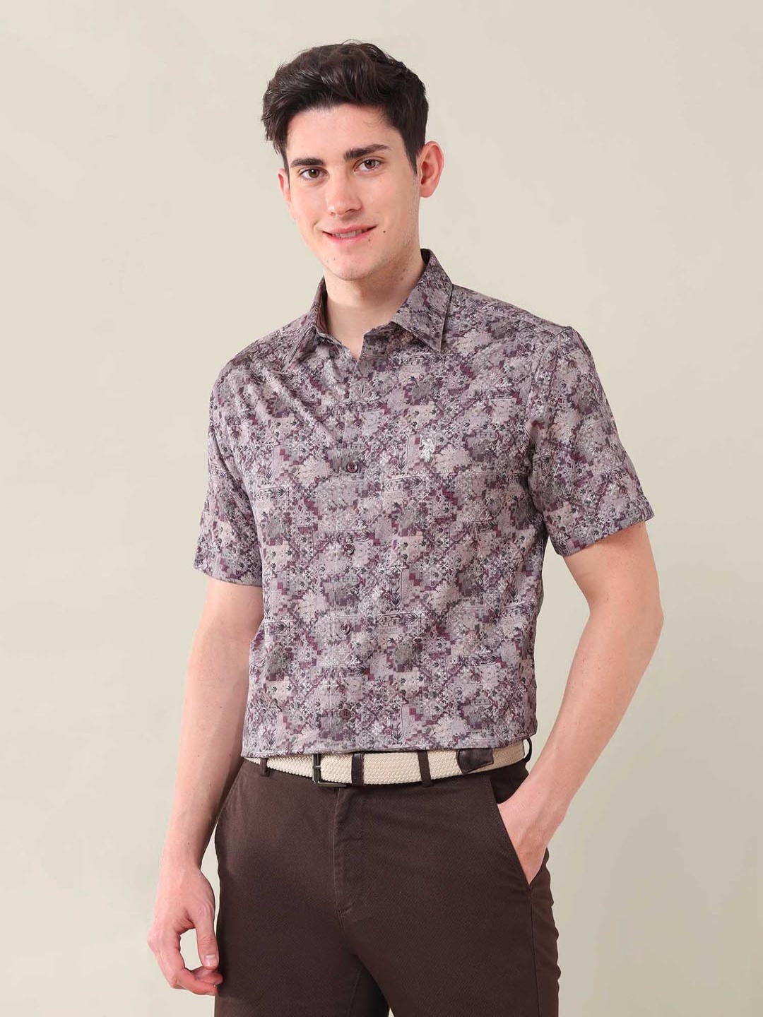

U.S. Polo Assn. Men Classic Slim Fit Ethnic Motifs Printed Cotton Casual Shirt, Beige