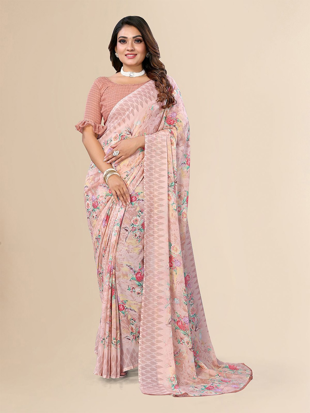 

Moda Rapido Floral Printed Saree with Blouse Piece, Brown