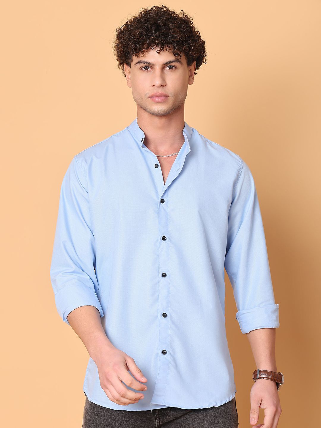 

Tanip Men Band Collar Solid Cotton Casual Shirt, Blue