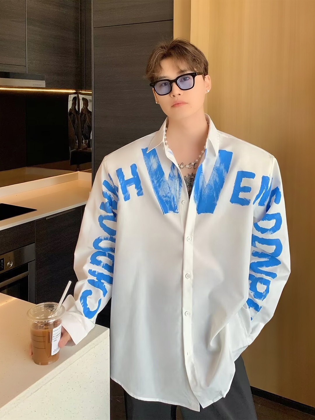 

HERE&NOW Men Oversized Fit Spread Collar Typography Printed Casual Shirt, White