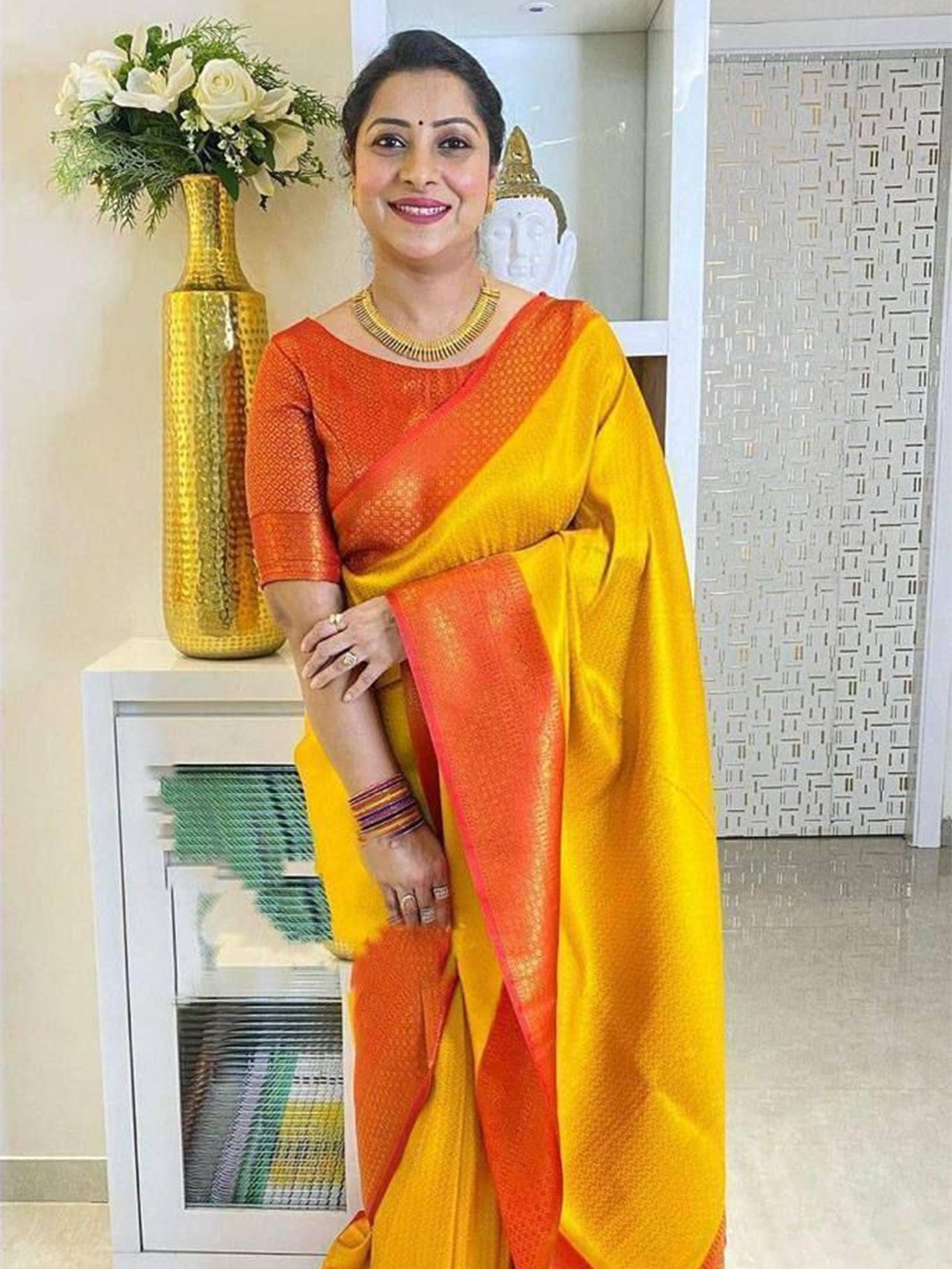 

bansari textiles Woven Design Zari Jute Silk Kota Saree, Yellow