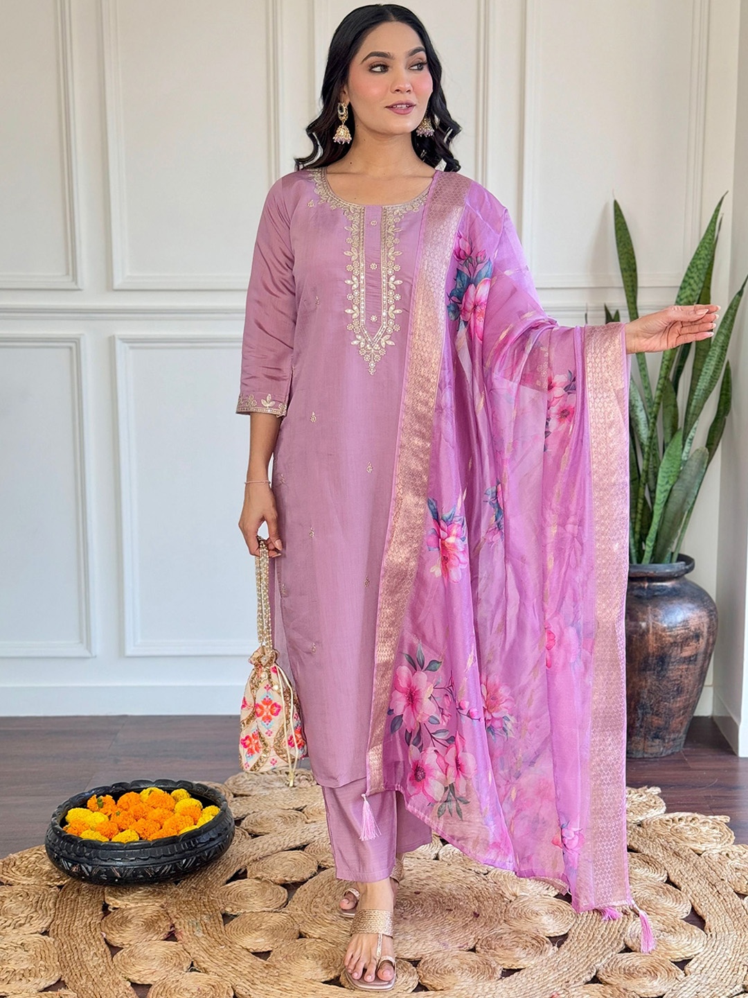 

KALINI Gotta Patti Round Neck Straight Kurta With Trousers And Dupatta, Lavender