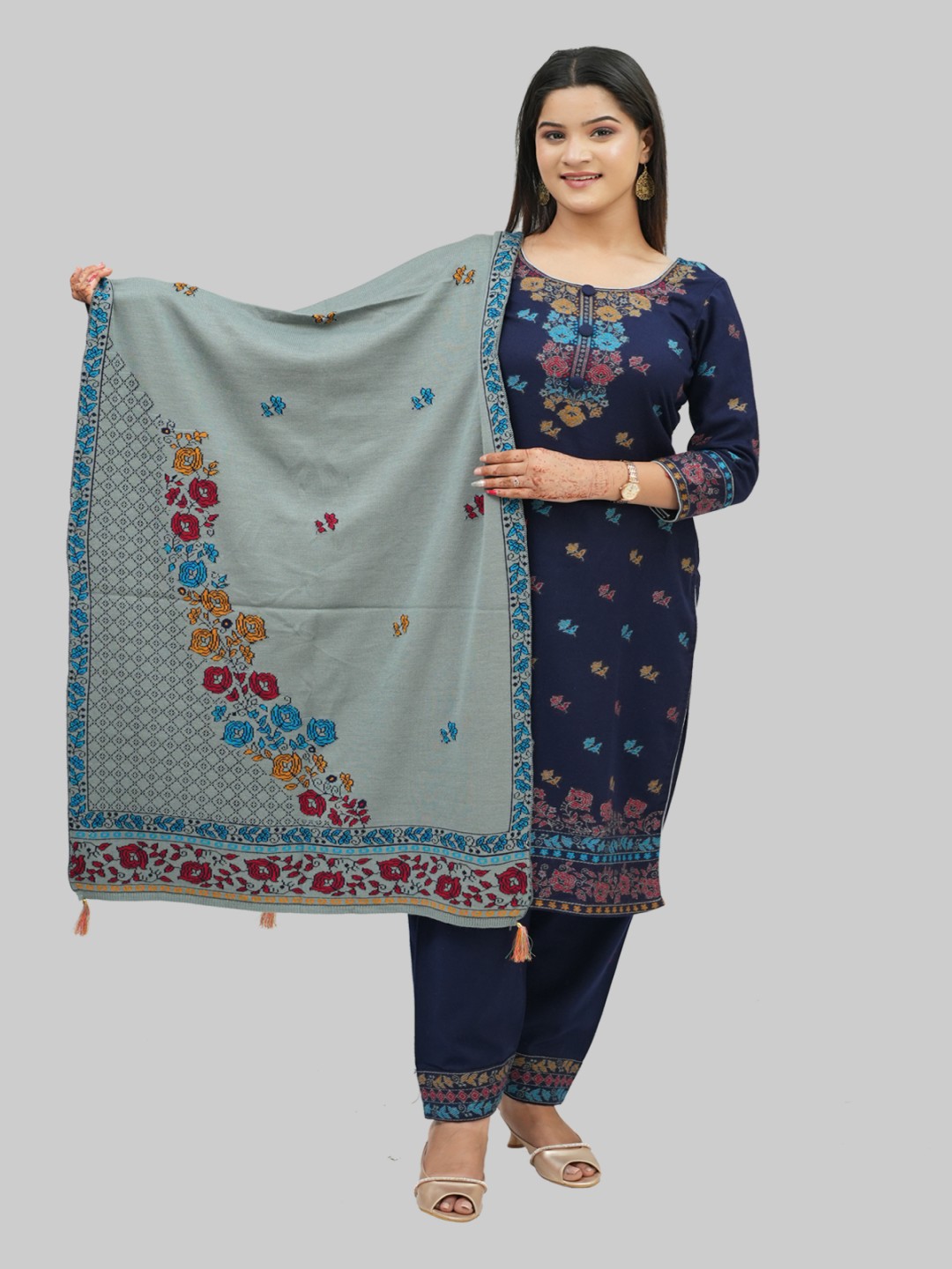 

Tones-N-Shades Floral Woven Design Velvet Unstitched Dress Material, Navy blue