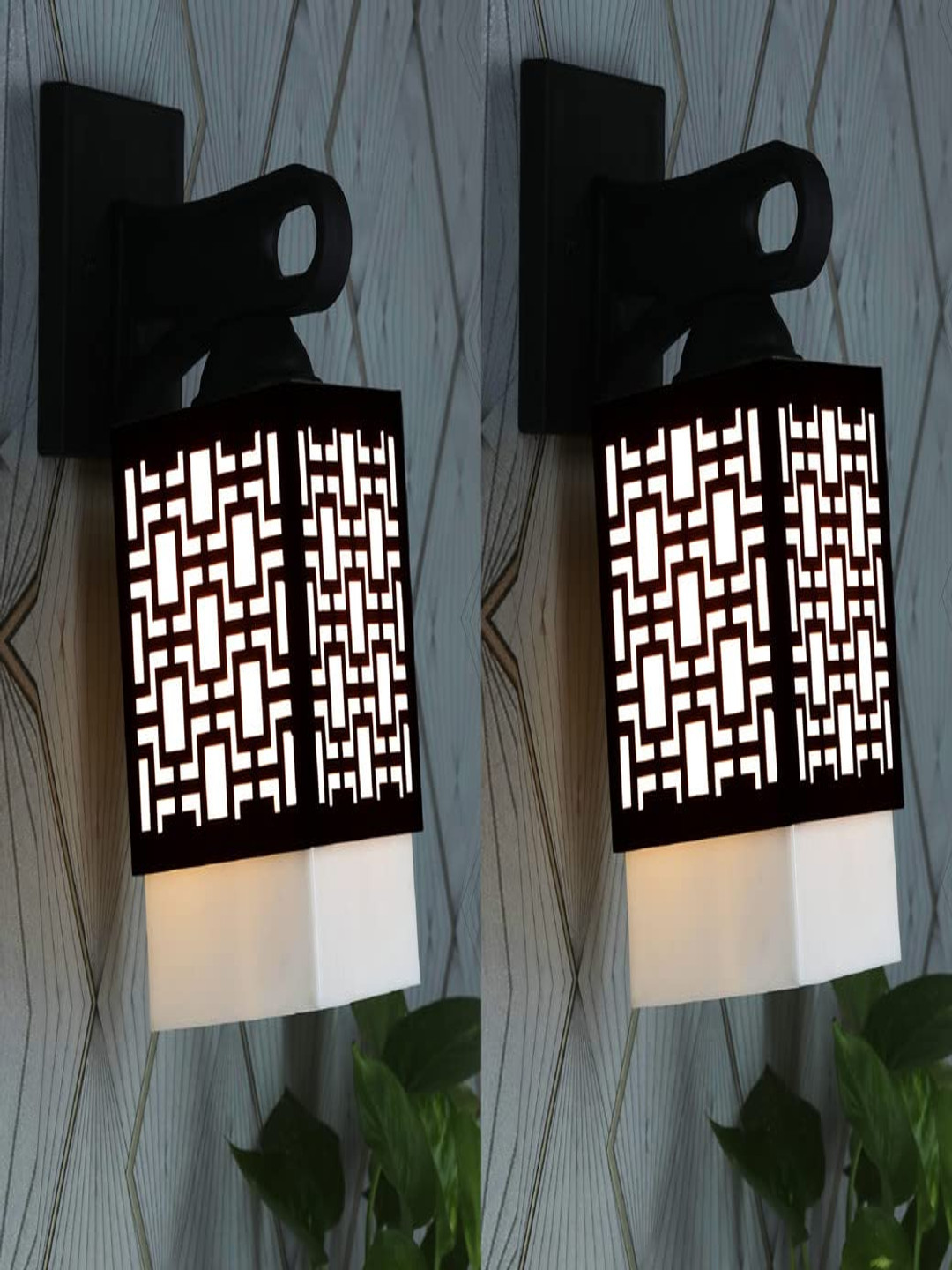 

Gojeeva Black & White 2 Pieces Textured Wooden Rectangle Shaped Wall Lamps