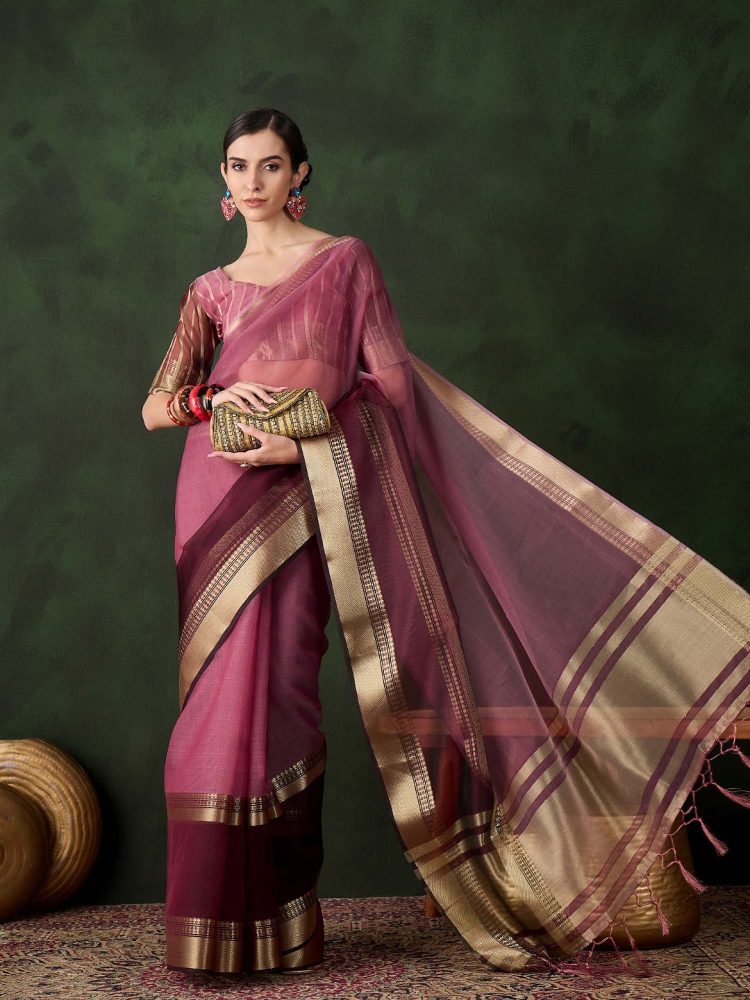 

DEVATITHI Zari Organza Saree, Maroon